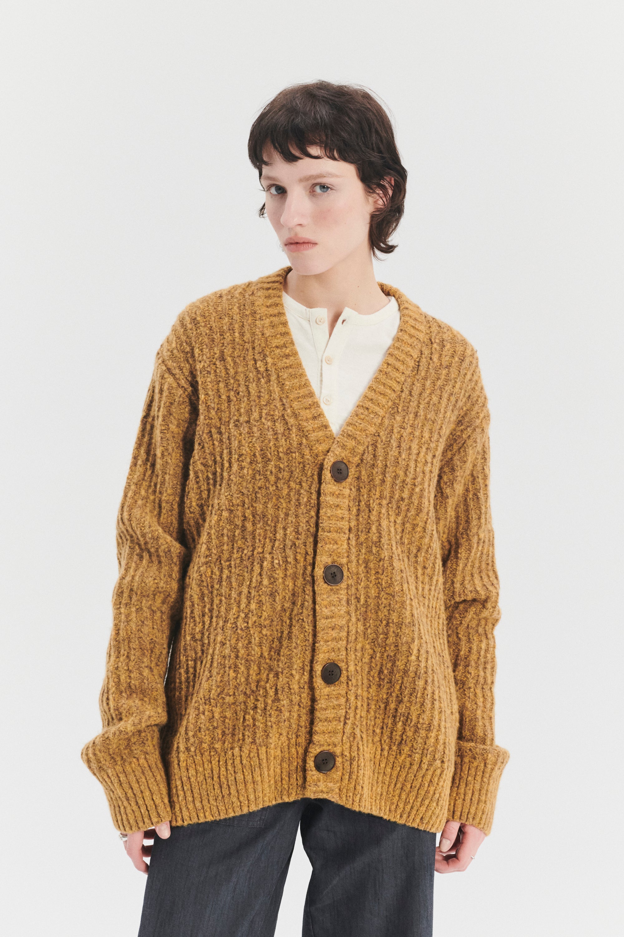 Cardigan in the Finest Mustard Yellow Italian Melange Lambswool