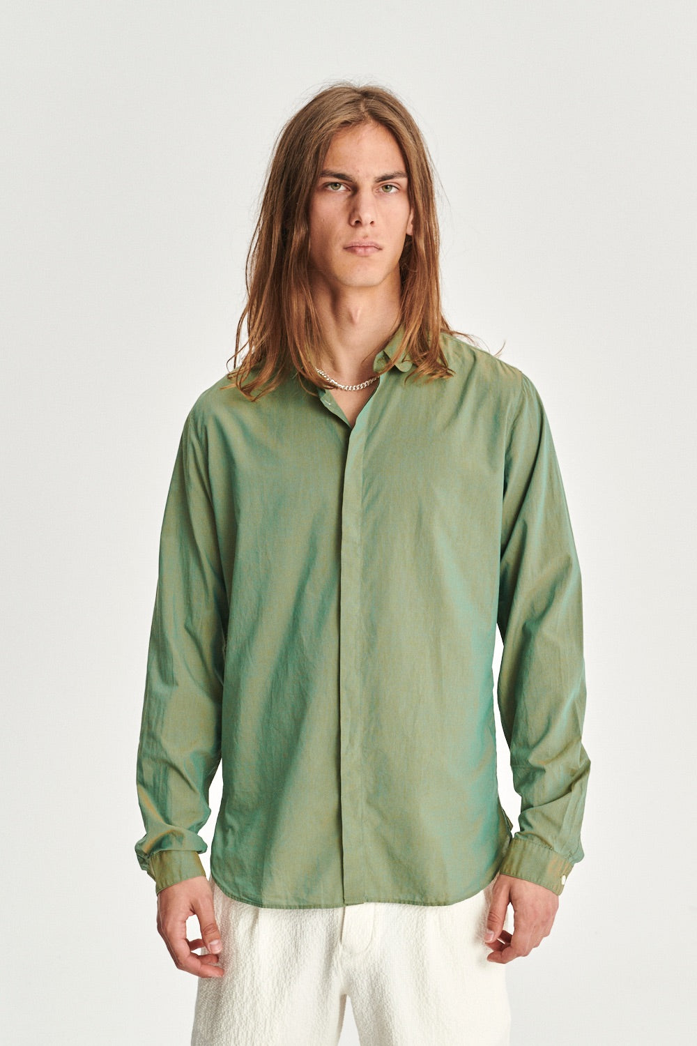 Cute Round Collar Shirt in a Changeable Green Fine Italian Cotton by Albini