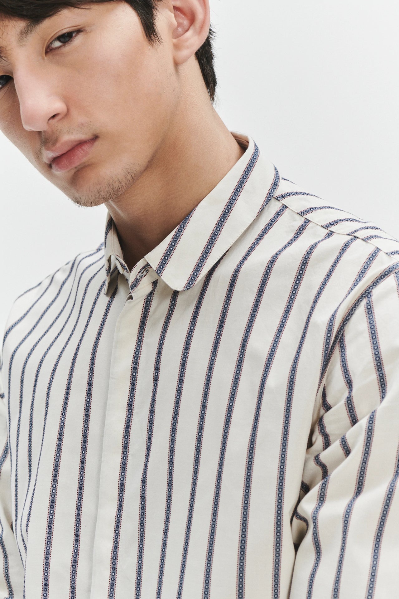Cute Round Collar Shirt in an Ethno Inspired Blue with Red Striped White Italian Organic Cotton