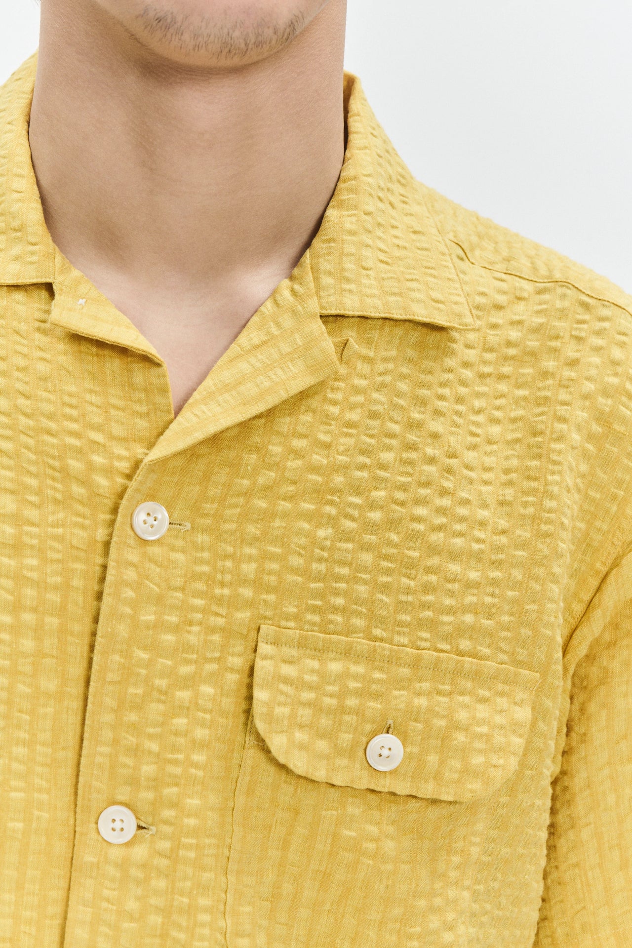 Short Sleeve Camp Collar Shirt in a Yellow Italian Linen Seersucker by Albini