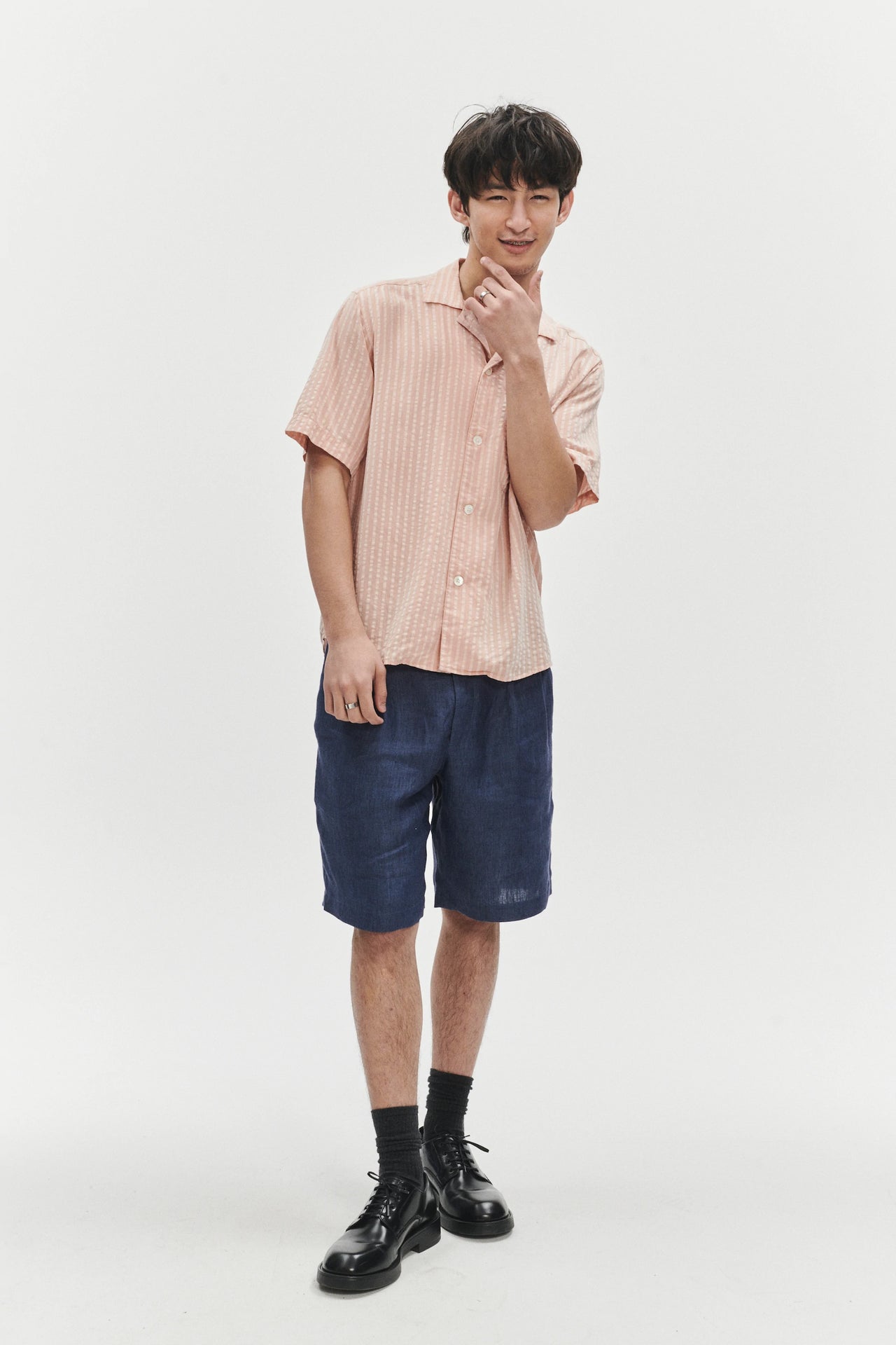 Short Sleeve Camp Collar Shirt in a Peach Pink Striped Soft Portuguese Lyocell