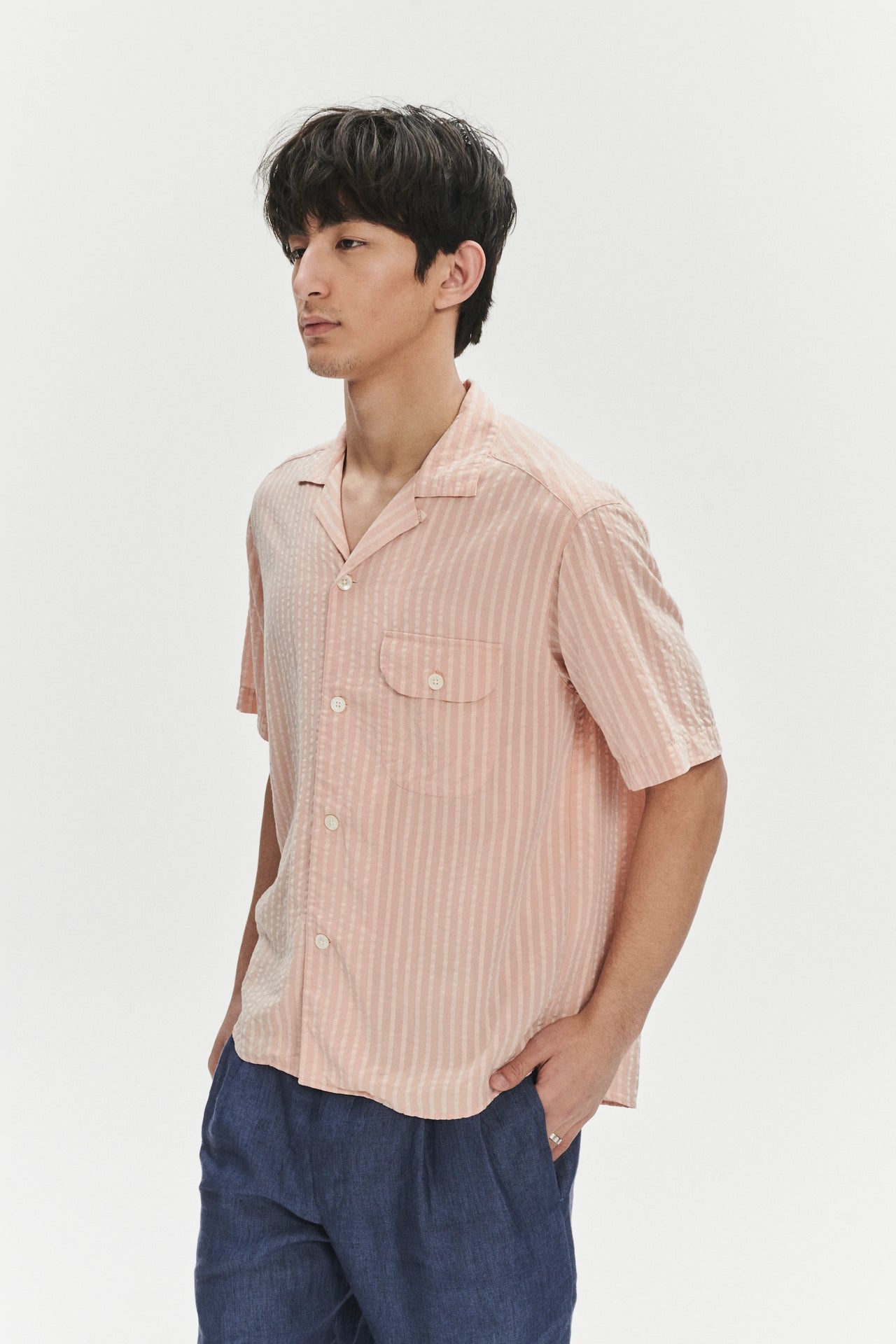 Short Sleeve Camp Collar Shirt in a Peach Pink Striped Soft Portuguese Lyocell