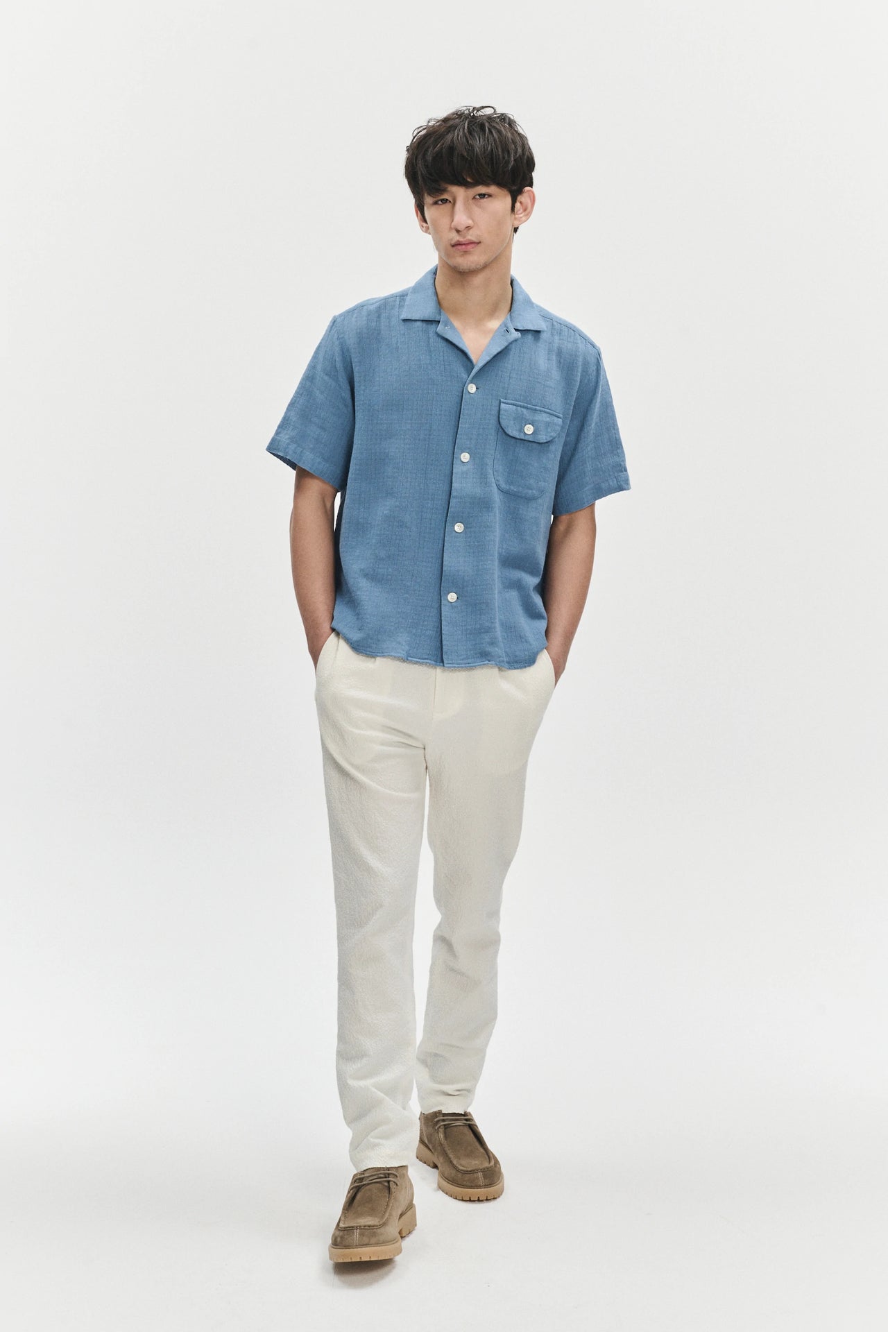 Short Sleeve Camp Collar Shirt  in a Blue Airy Structural Portuguese Cotton