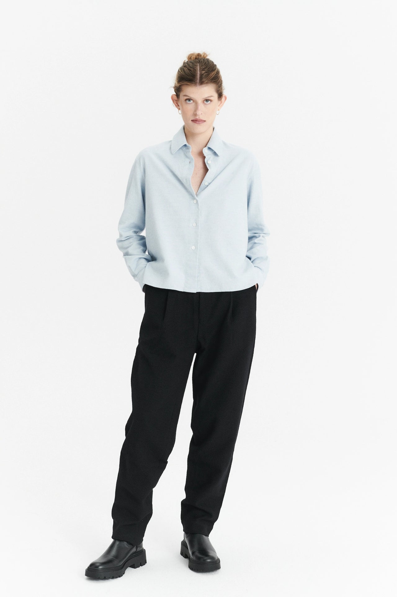 Relaxed Cropped Blouse in a Baby Blue Double Brushed Utterly Soft Italian Cotton Flannel