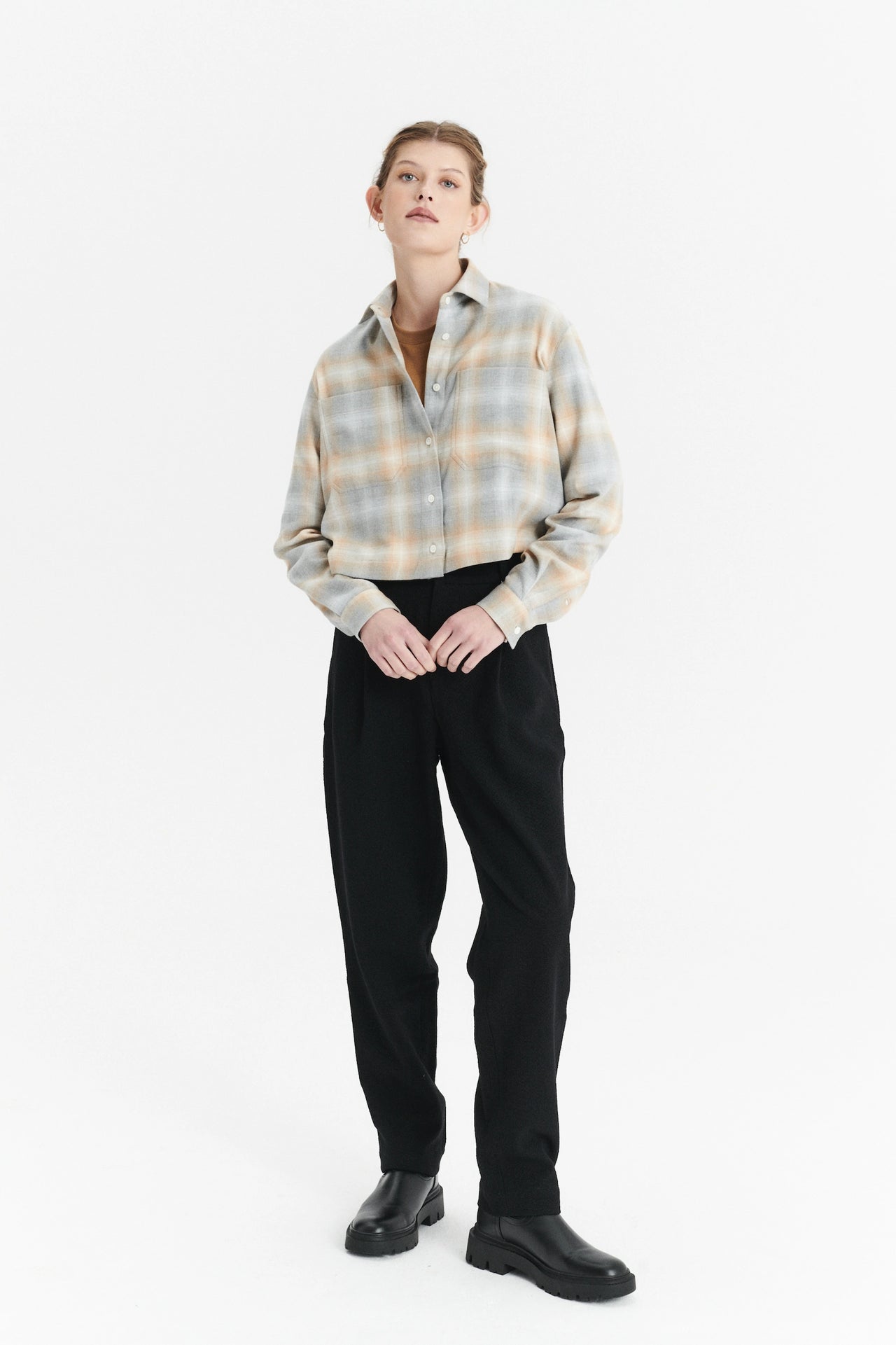 Cropped Shirt in a Soft Tonal Beige and Grey Chequered Italian Cotton Flannel