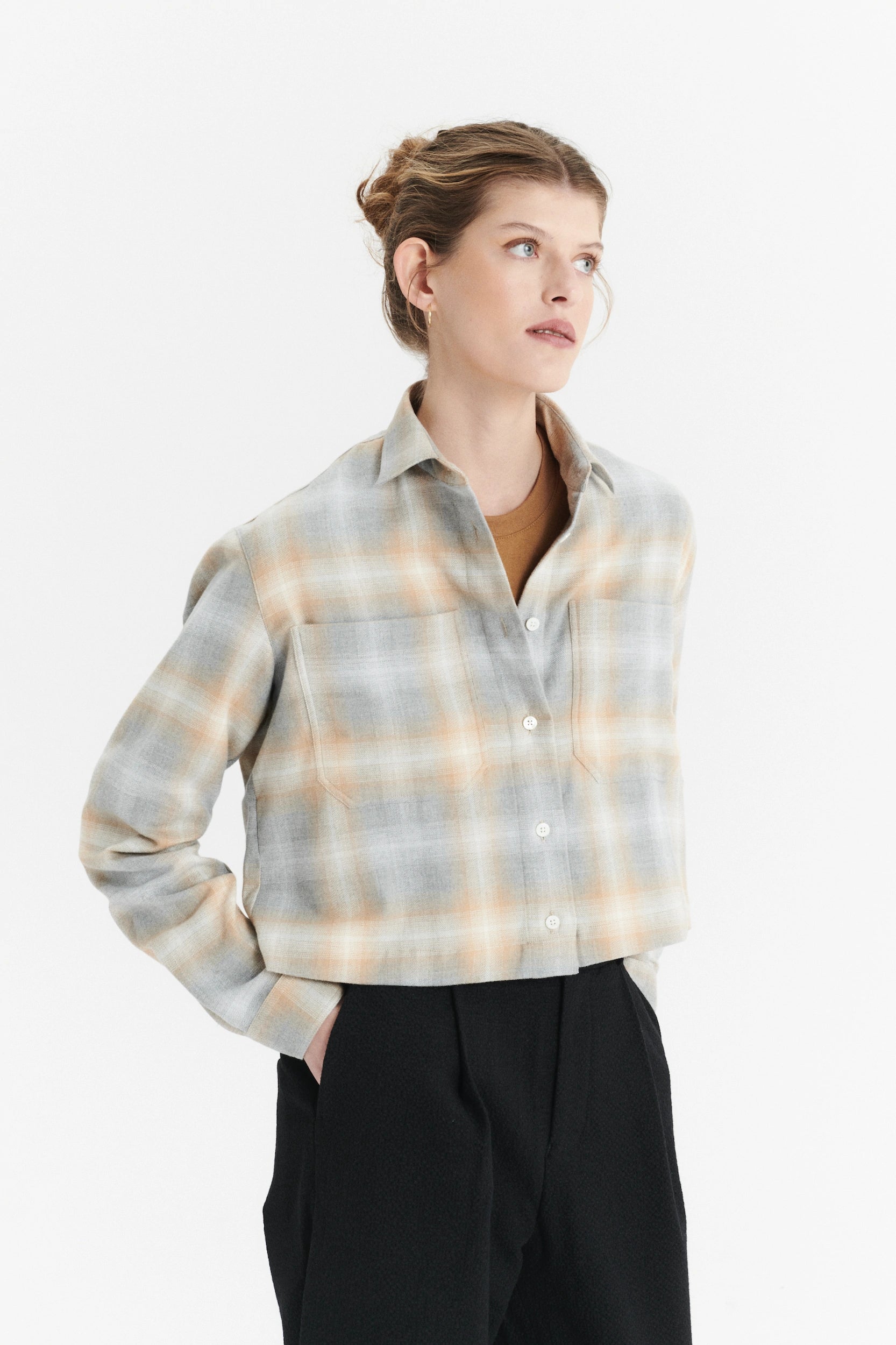 Cropped Shirt in a Soft Tonal Beige and Grey Chequered Italian Cotton Flannel