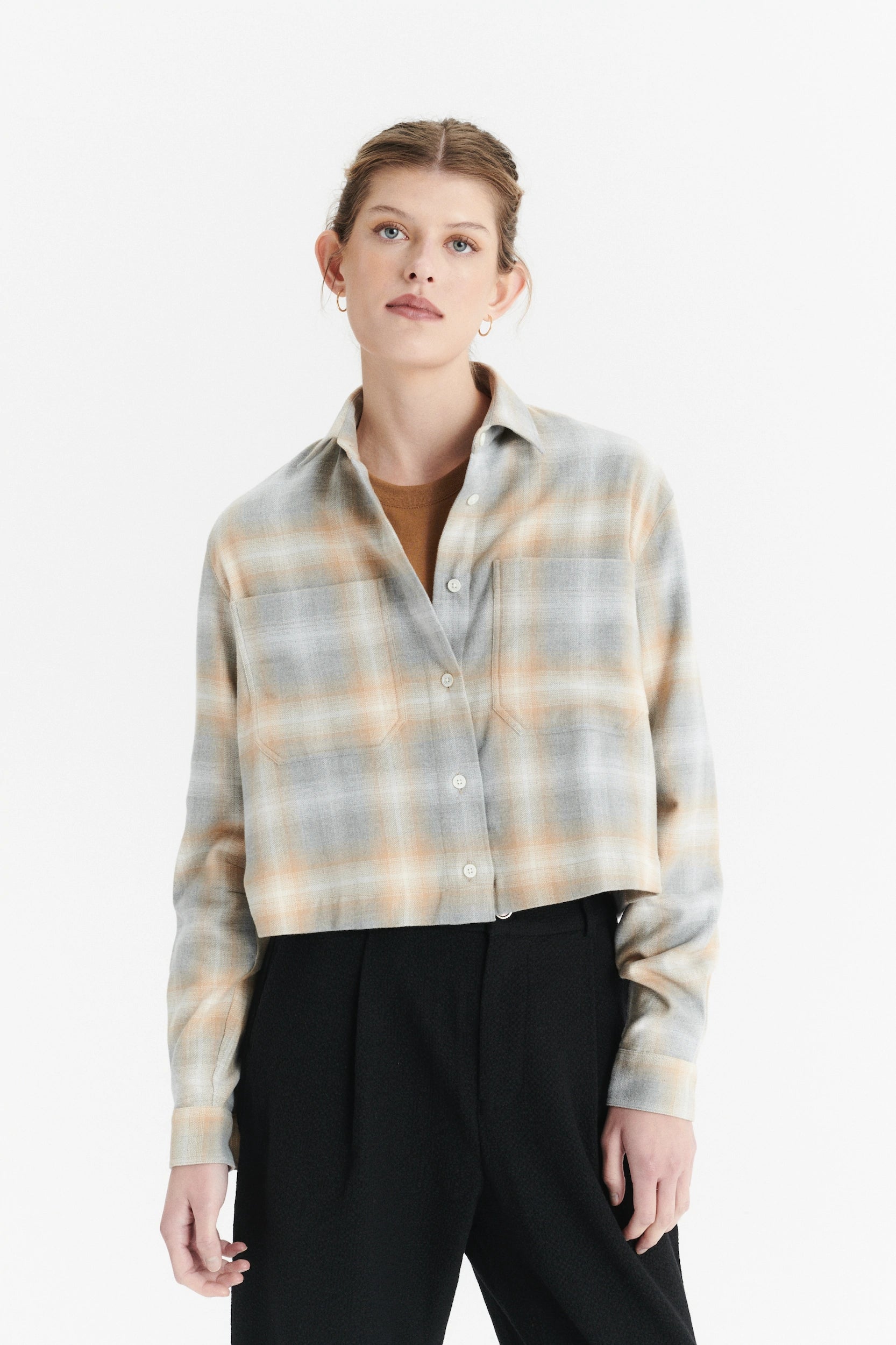 Cropped Shirt in a Soft Tonal Beige and Grey Chequered Italian Cotton Flannel