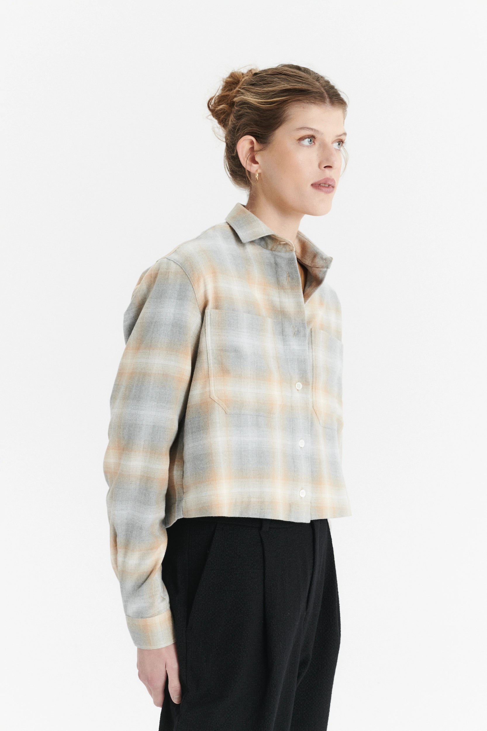 Cropped Shirt in a Soft Tonal Beige and Grey Chequered Italian Cotton Flannel