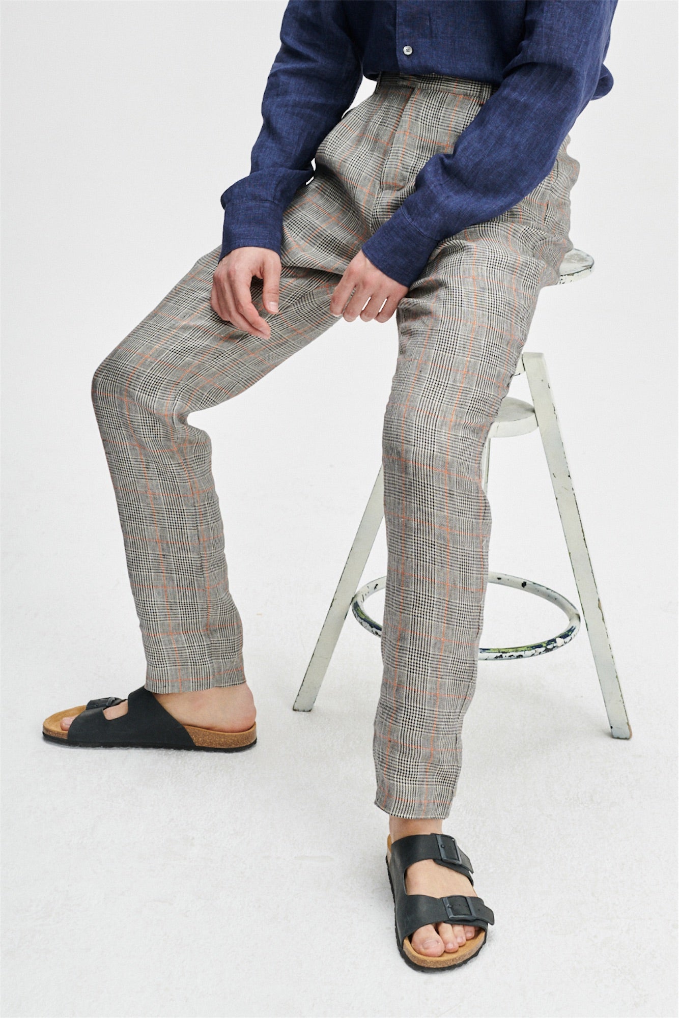 Trousers in a Grey and Vibrant Orange Prince of Wales Italian Linen