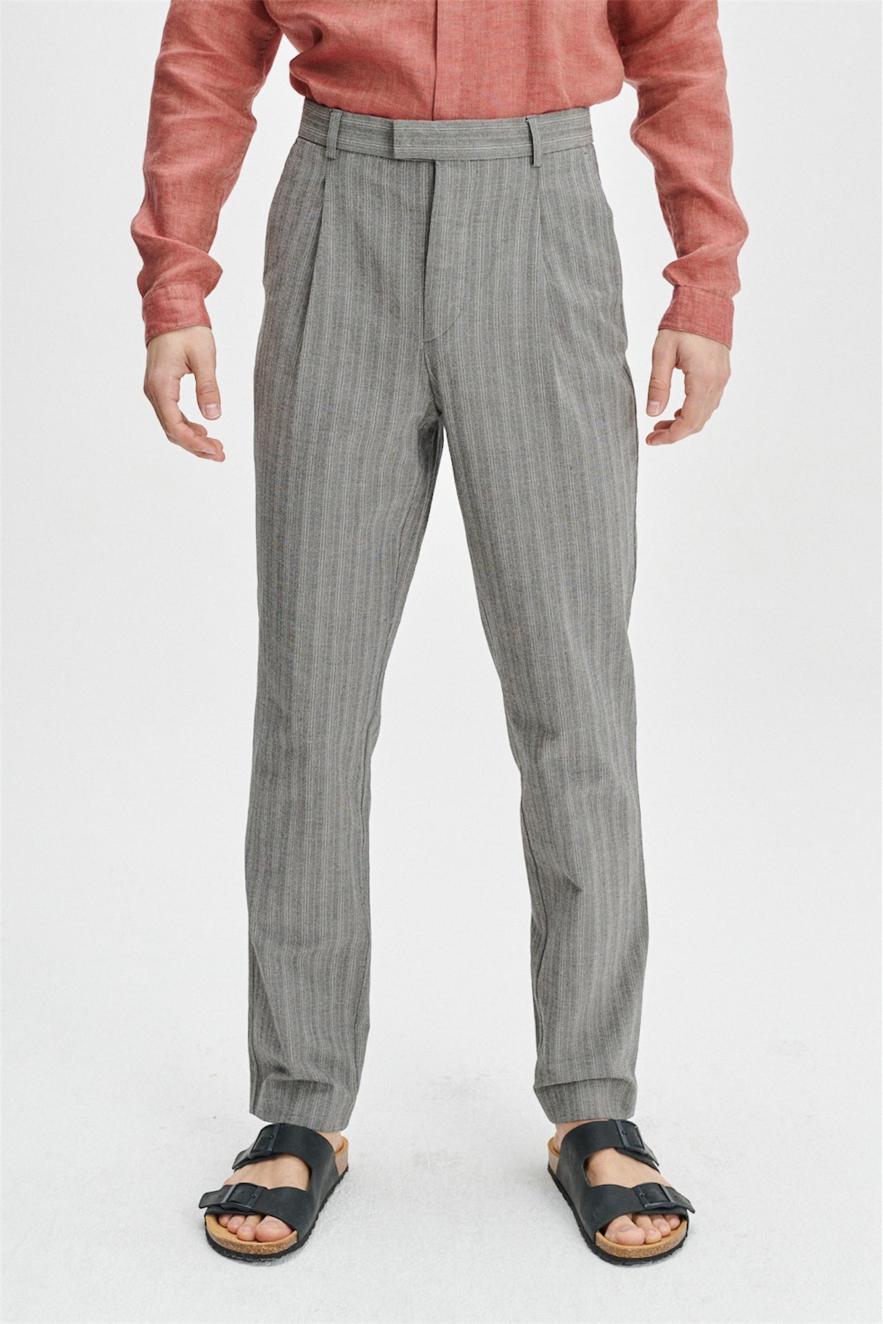 Bohemian Trousers in a Grey Herringbone and Subtle Blue Stripe Fine Italian Cotton Crepe