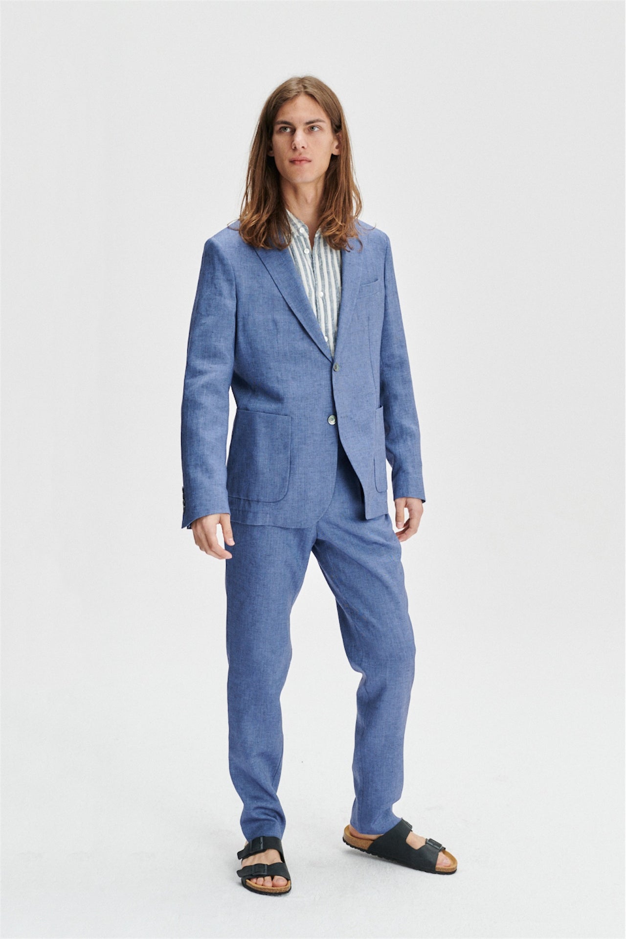 Smart Relaxed Blazer in a Natural Stretch Navy and Pilot Blue Italian Traceable Linen
