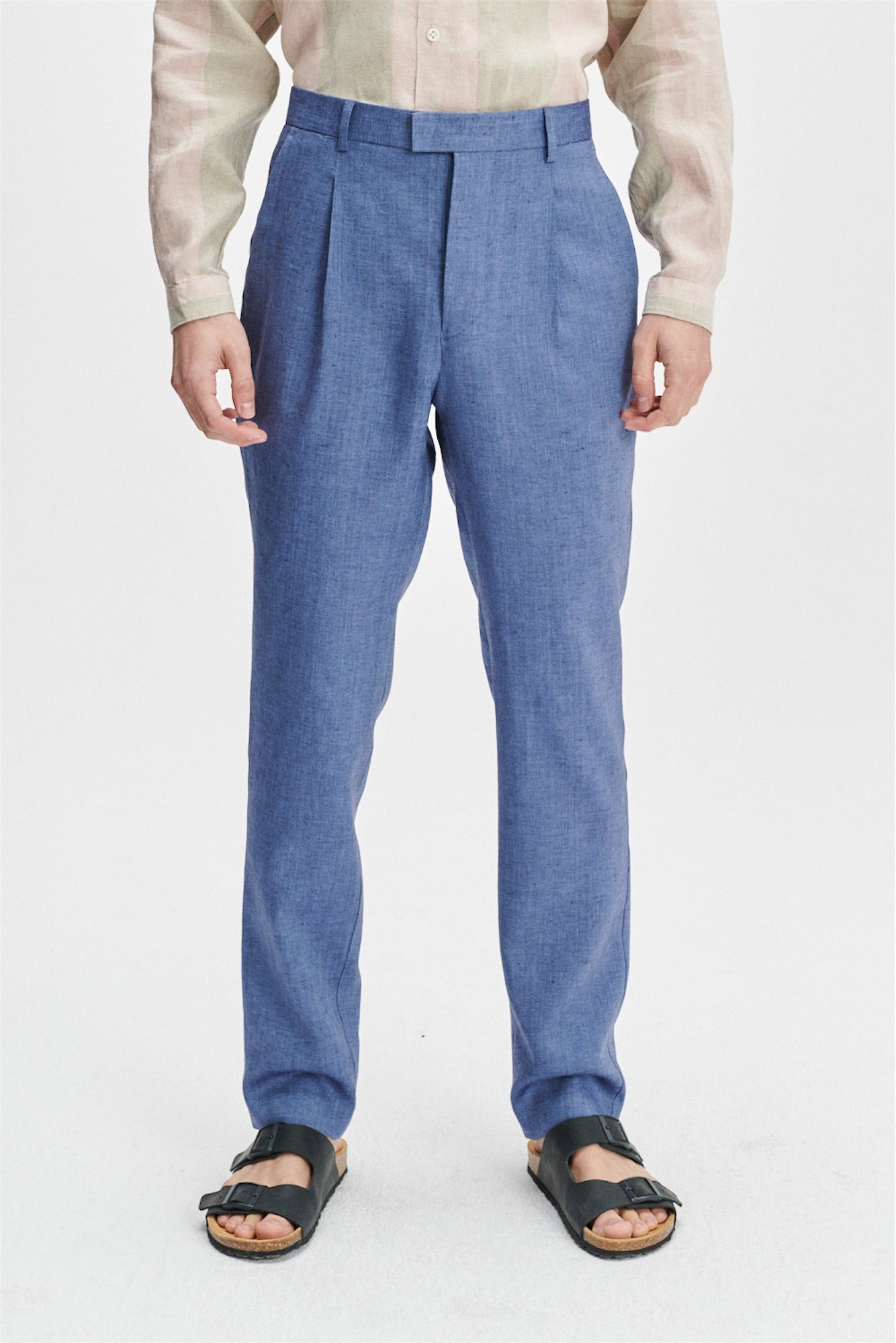 Bohemian Trousers in a Natural Stretch Navy and Pilot Blue Italian Traceable Linen