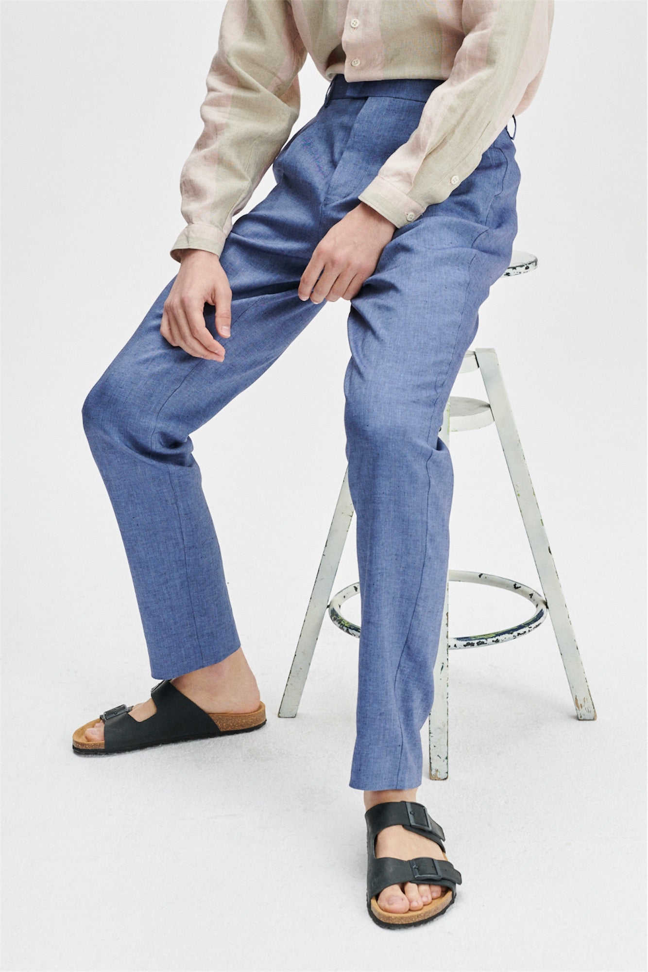 Bohemian Trousers in a Natural Stretch Navy and Pilot Blue Italian Traceable Linen