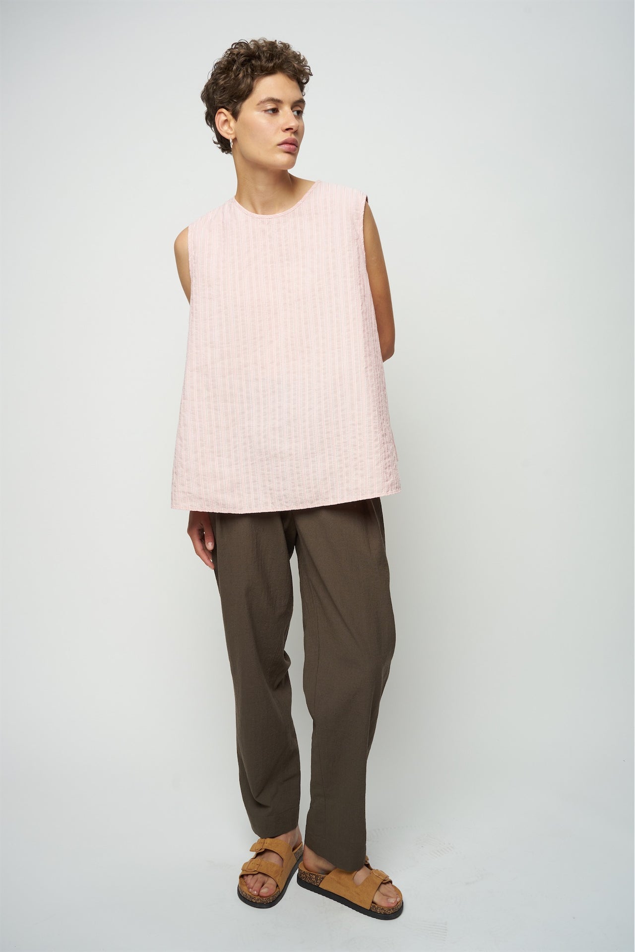Top in a Subtle Pink Striped Structural Italian Cotton