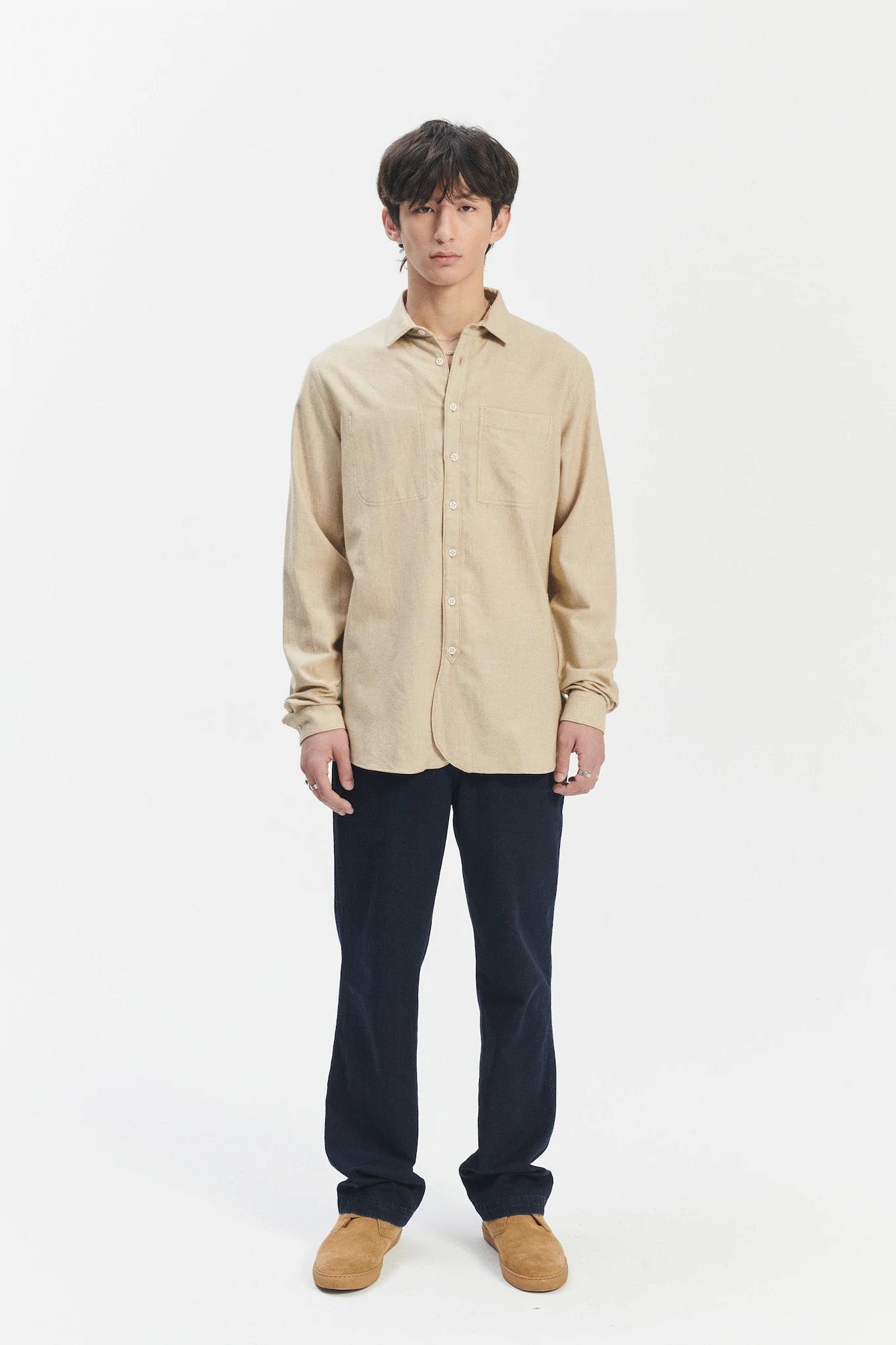 Farmer Shirt in a Cream Beige Fine Mix of Italian Cotton and Virgin Wool