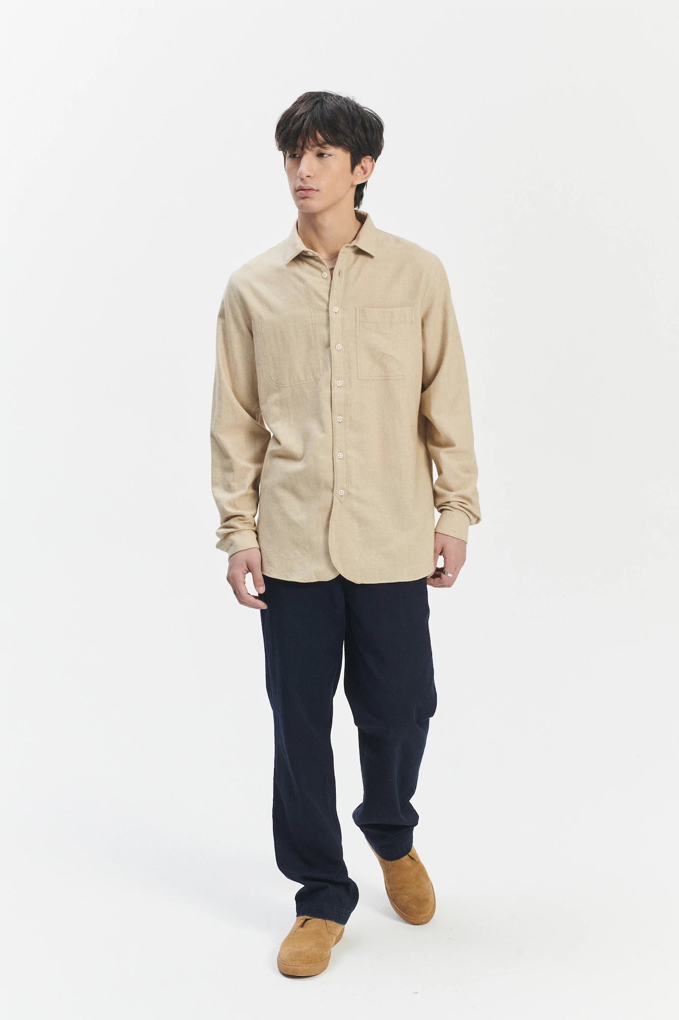 Farmer Shirt in a Cream Beige Fine Mix of Italian Cotton and Virgin Wool