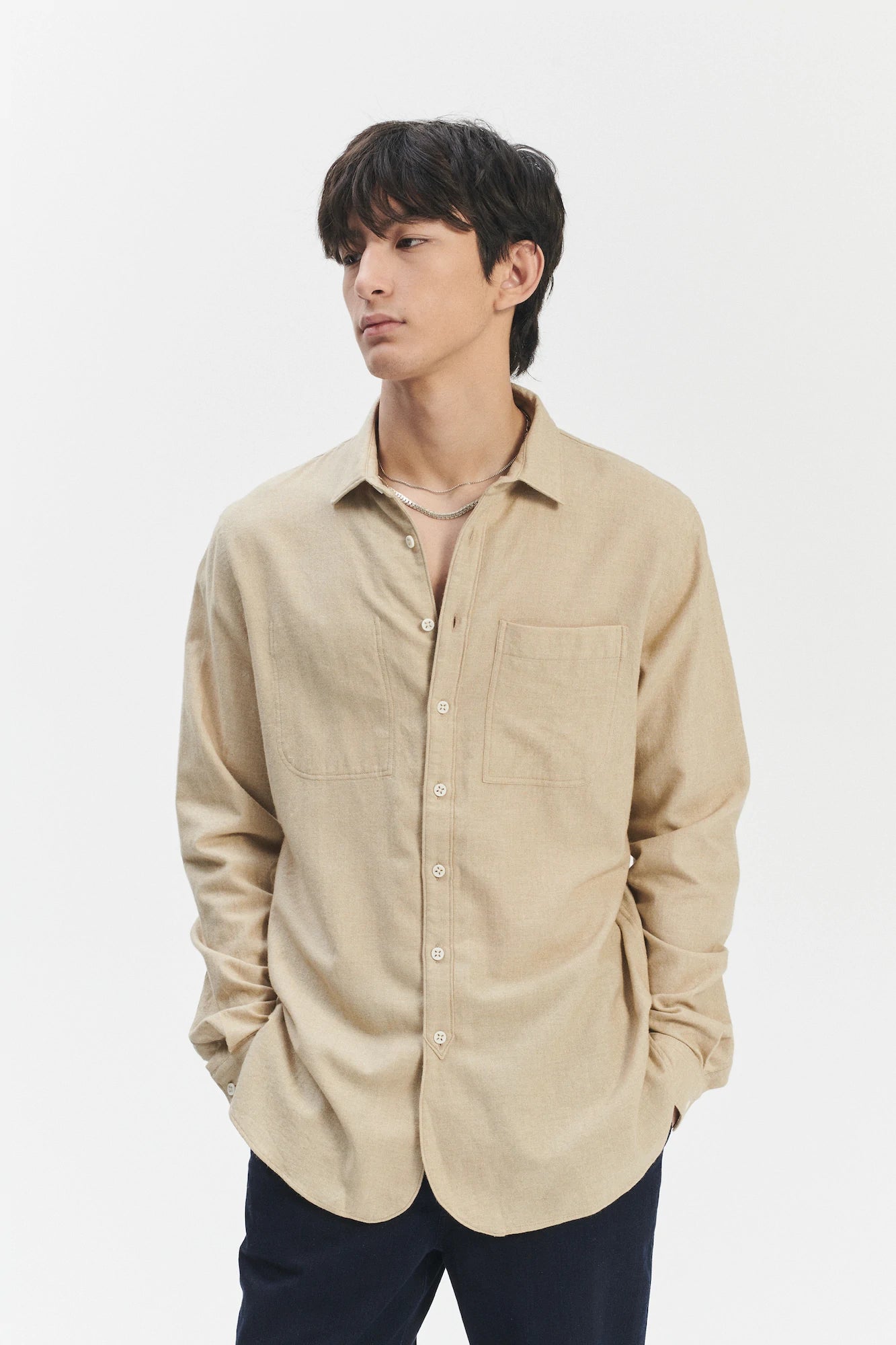 Farmer Shirt in a Cream Beige Fine Mix of Italian Cotton and Virgin Wool