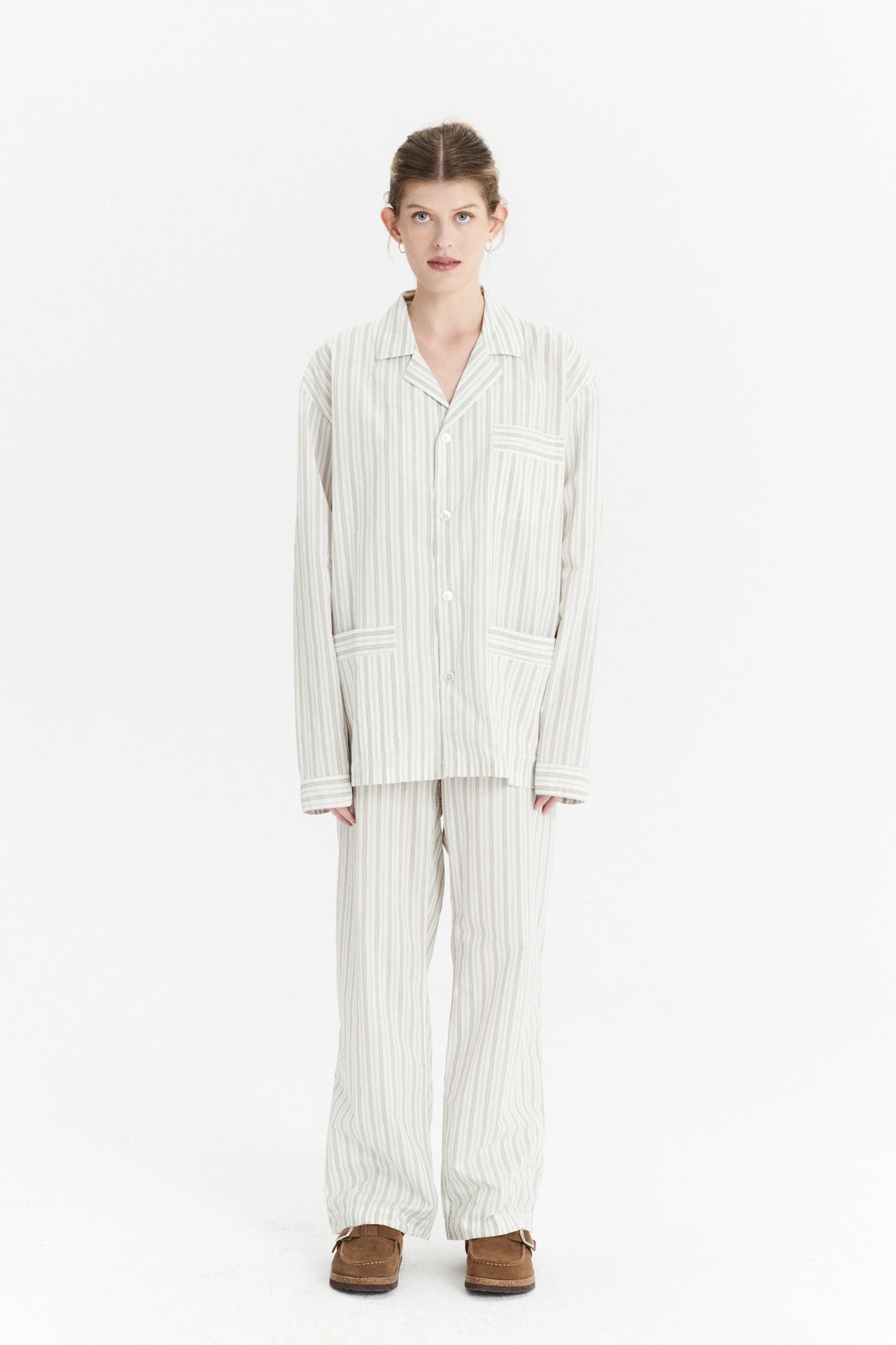 Unisex Pyjama Shirt in a Cream and Beige Striped Excellent Italian Cotton