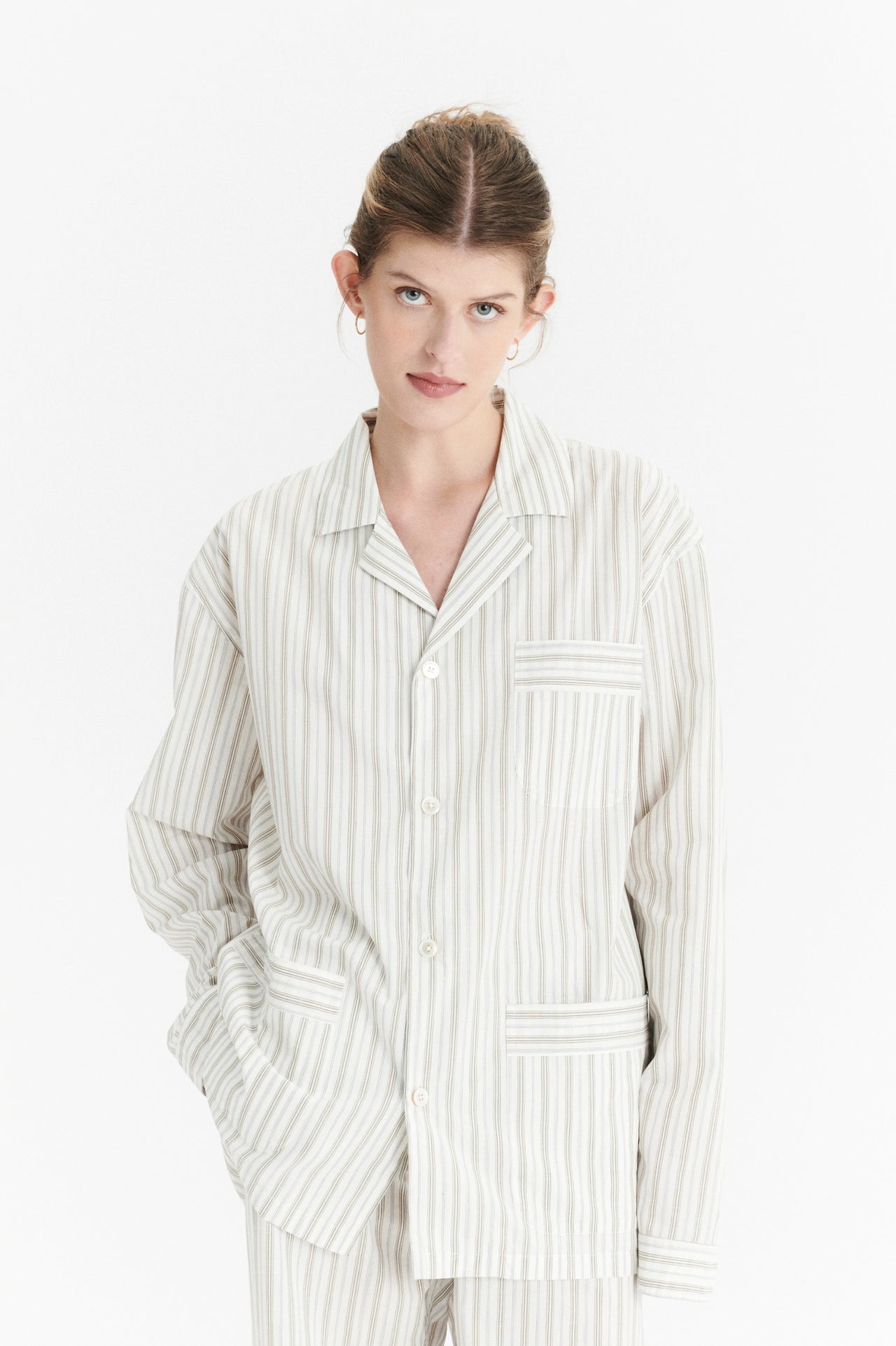 Unisex Pyjama Shirt in a Cream and Beige Striped Excellent Italian Cotton