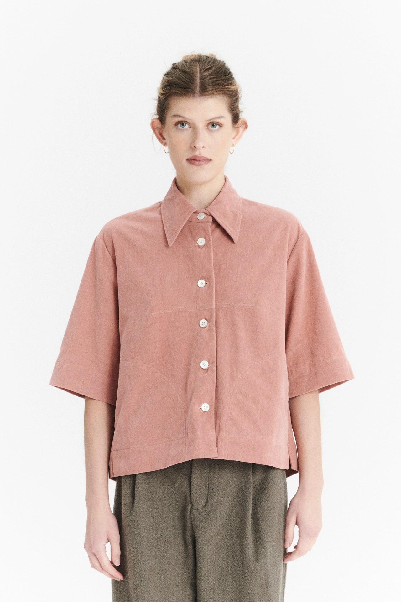 Relaxed Shirt Jacket in a Dusty Pink Japanese Mini Corduroy Cotton