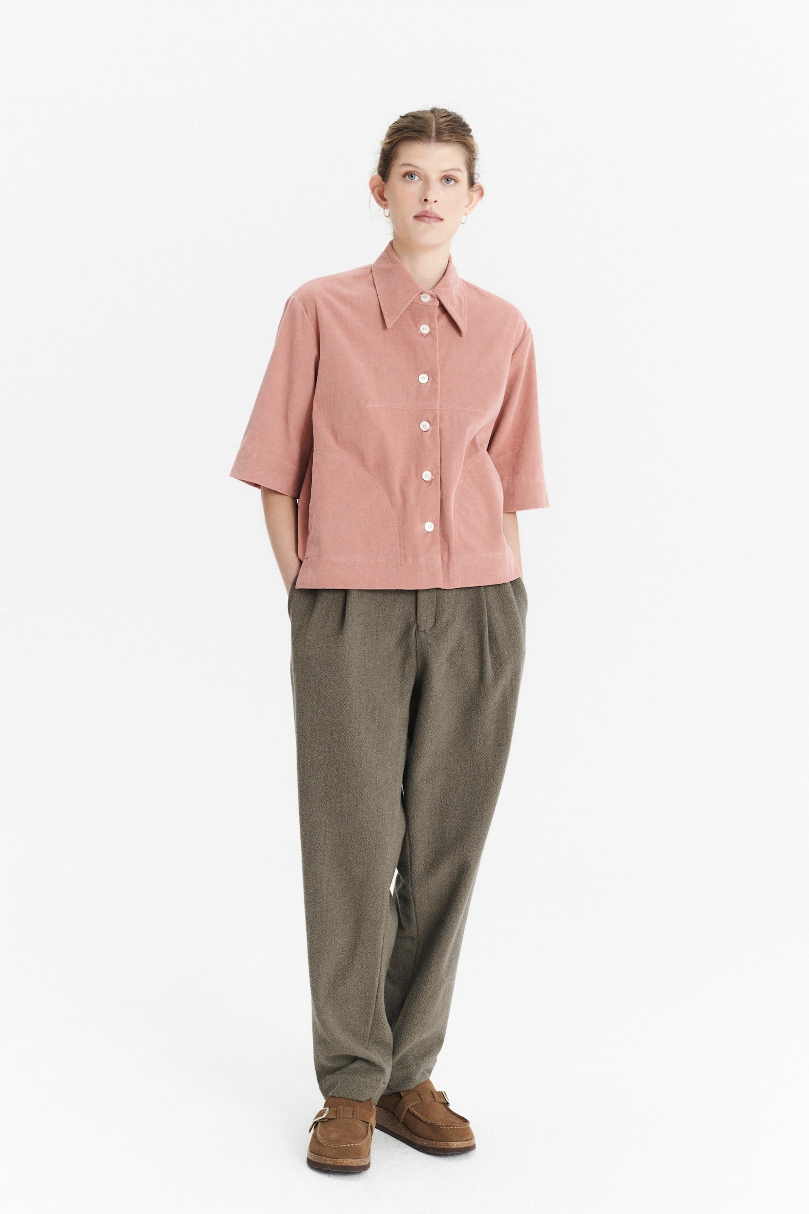 Relaxed Shirt Jacket in a Dusty Pink Japanese Mini Corduroy Cotton