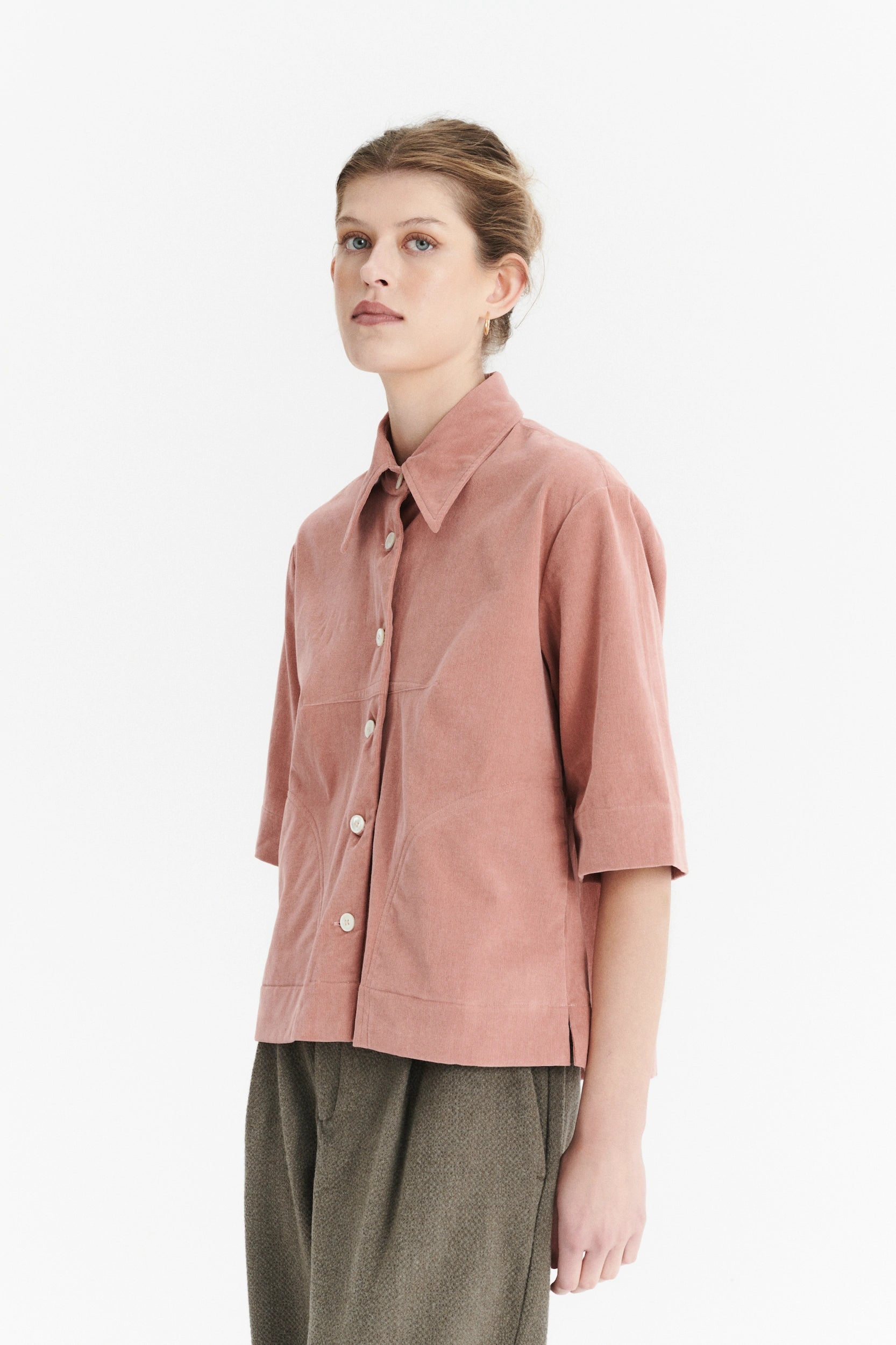Relaxed Shirt Jacket in a Dusty Pink Japanese Mini Corduroy Cotton