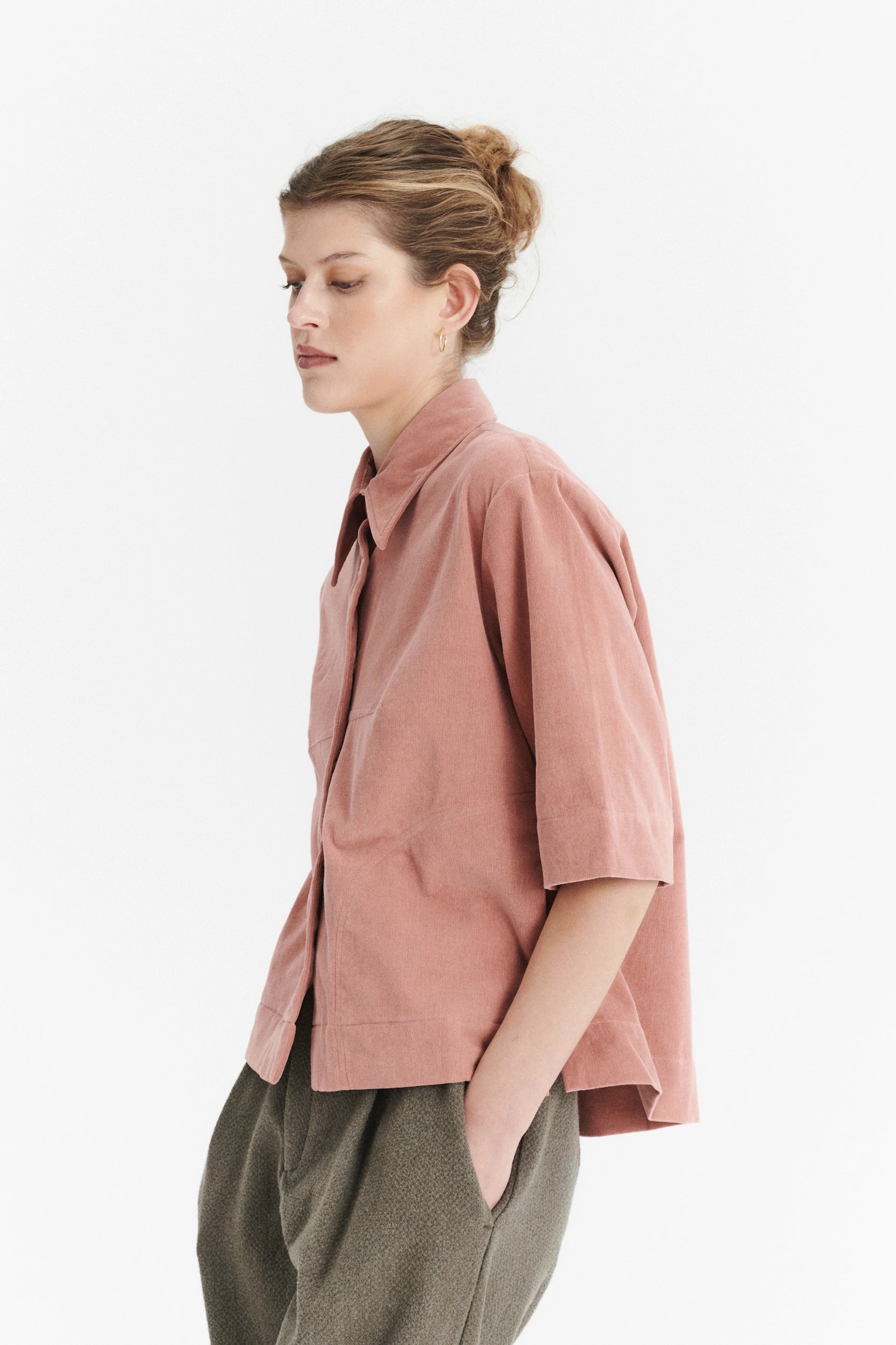 Relaxed Shirt Jacket in a Dusty Pink Japanese Mini Corduroy Cotton