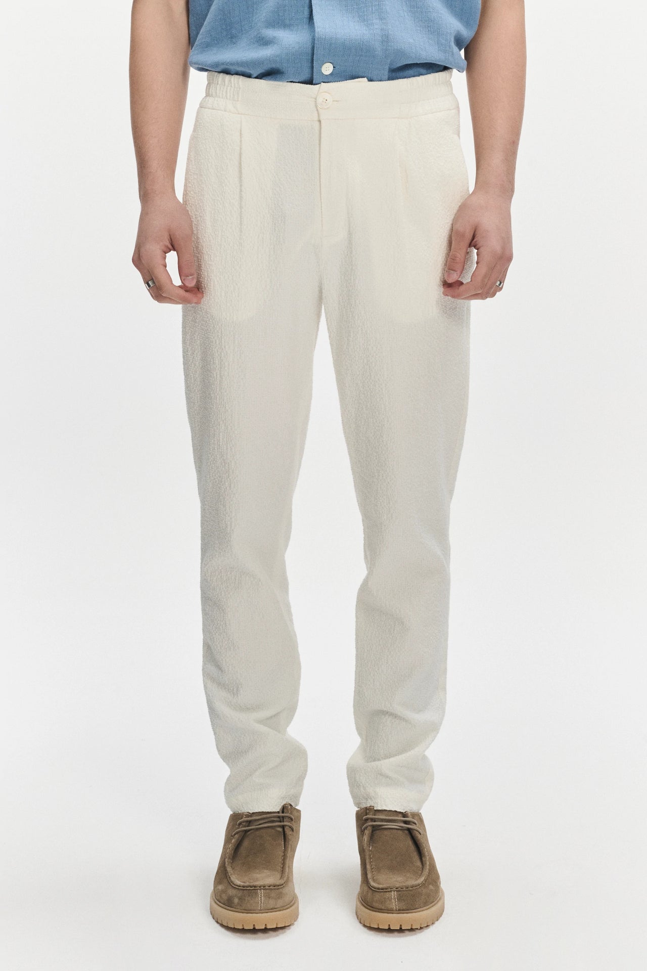 Garden Trousers in a White Italian Cotton and Linen Seersucker by Subalpino