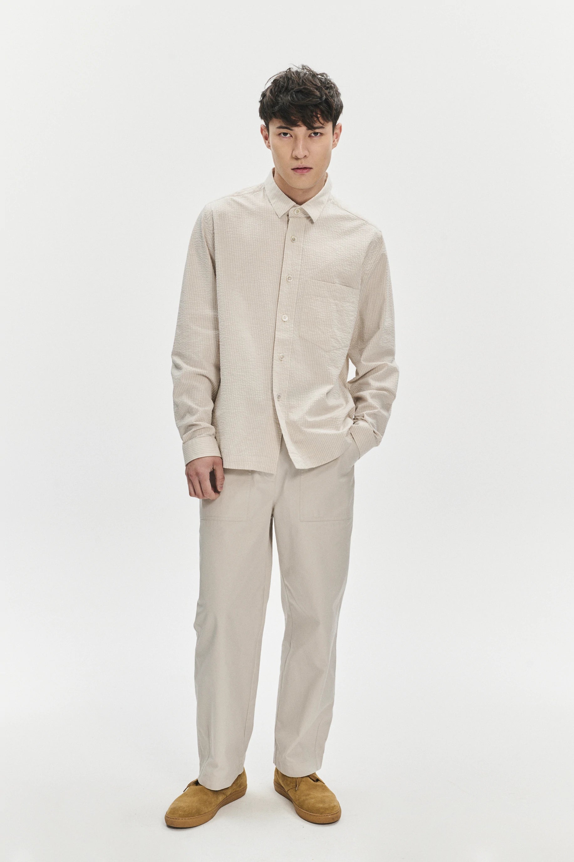 Overshirt in a Fine Beige Portuguese All Year Cotton Seersucker