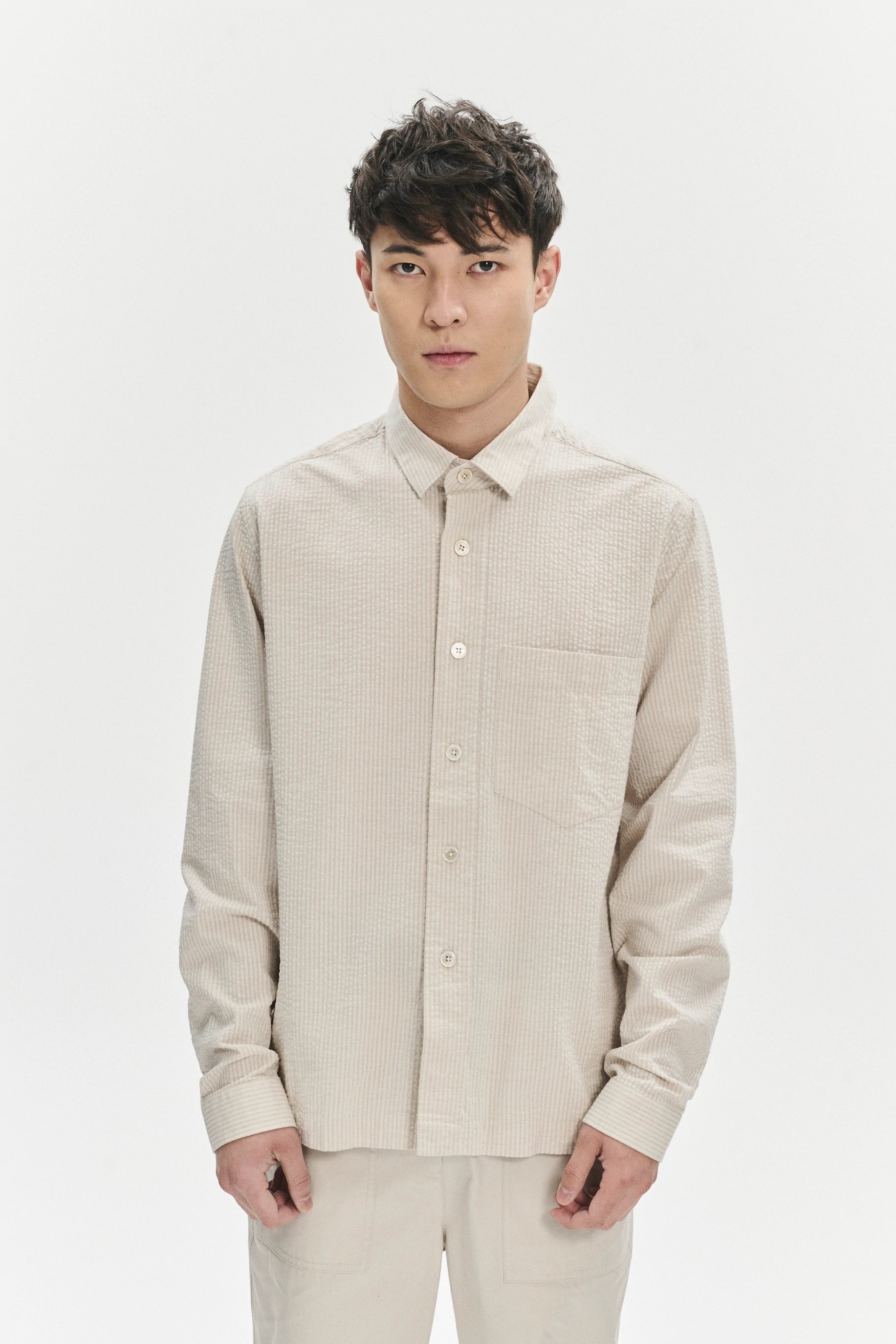 Overshirt in a Fine Beige Portuguese All Year Cotton Seersucker