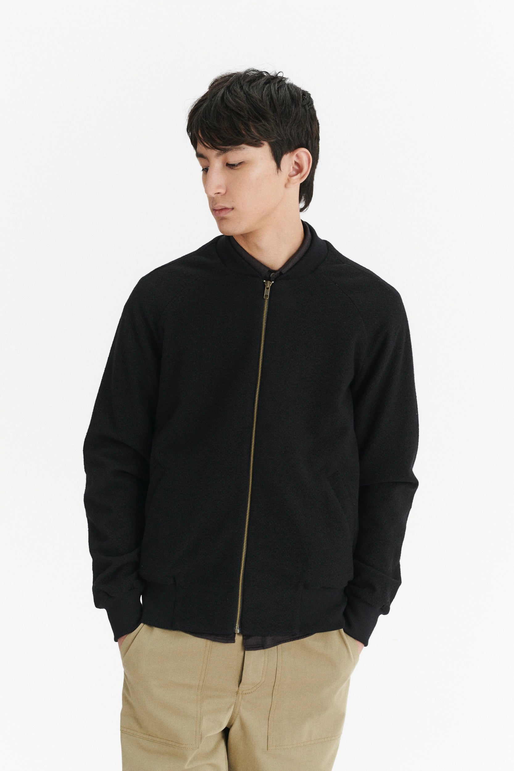 Bomber Jacket in a Black Italian Winter Virgin Wool and Cotton 
