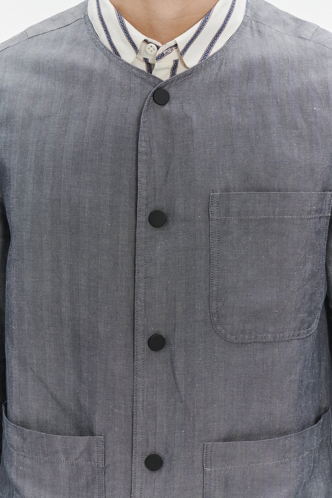Round Collar Jacket in a Very Fine Grey and Blue Blend of Herringbone Italian Linen and Cotton