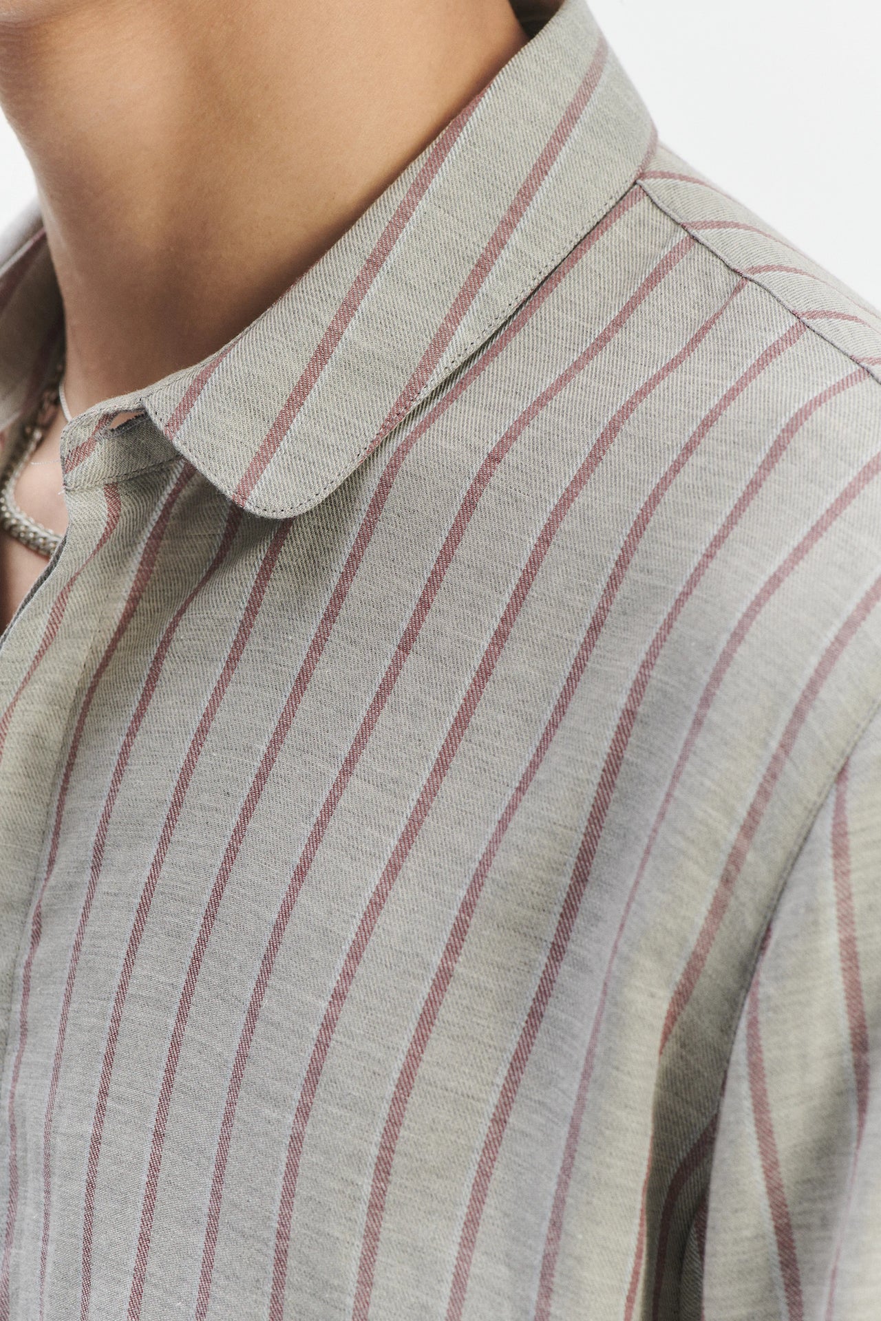 Cute Shirt in a Grey and Wine Red Striped Blend of Portuguese Cotton and Cashmere