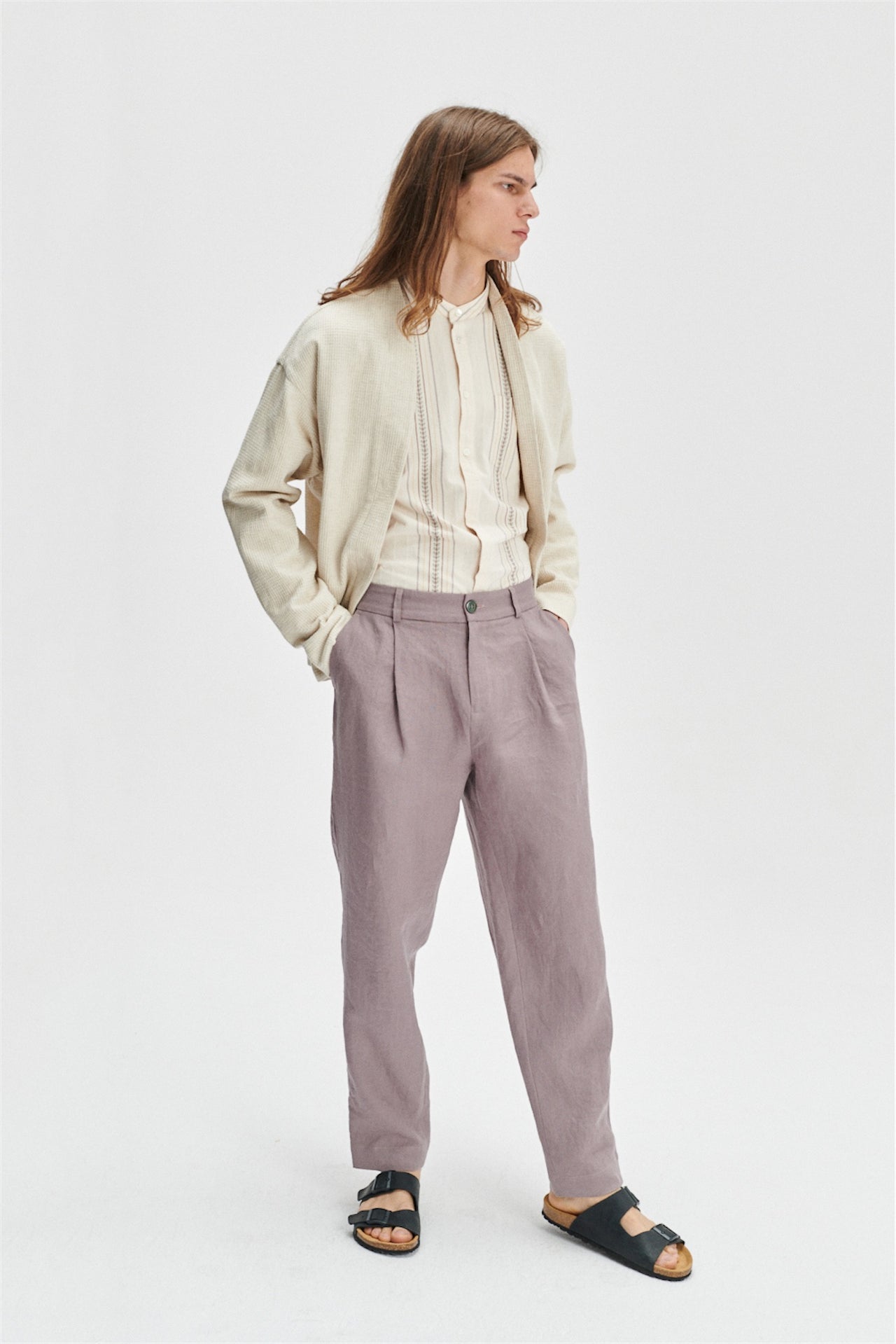 Minimal Kimono in a Light Beige Structural Waffled Japanese Cotton and Linen