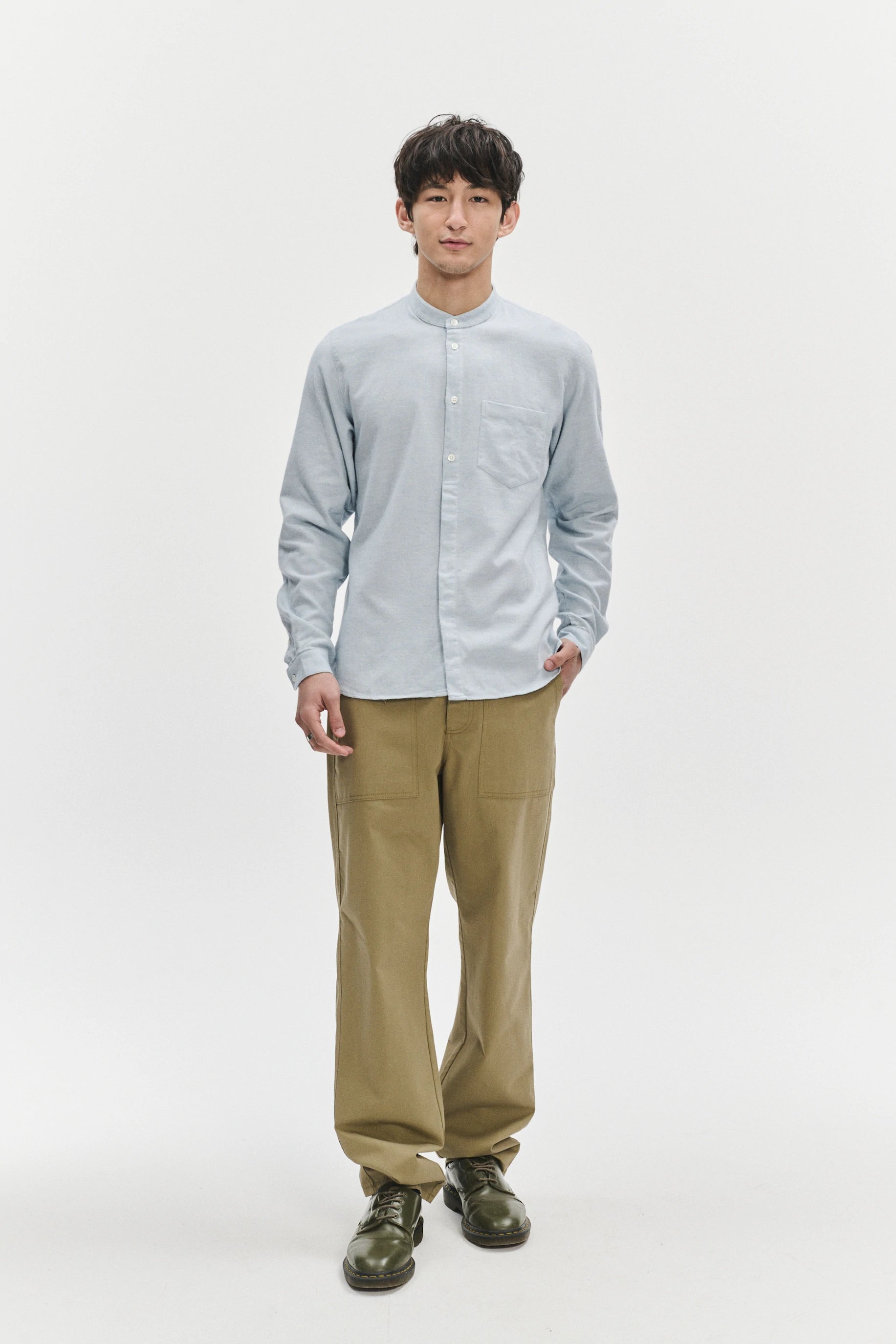Zen Grandad Collar Shirt in a Pale Sky Blue Italian Double Brushed Italian Cotton Flannel