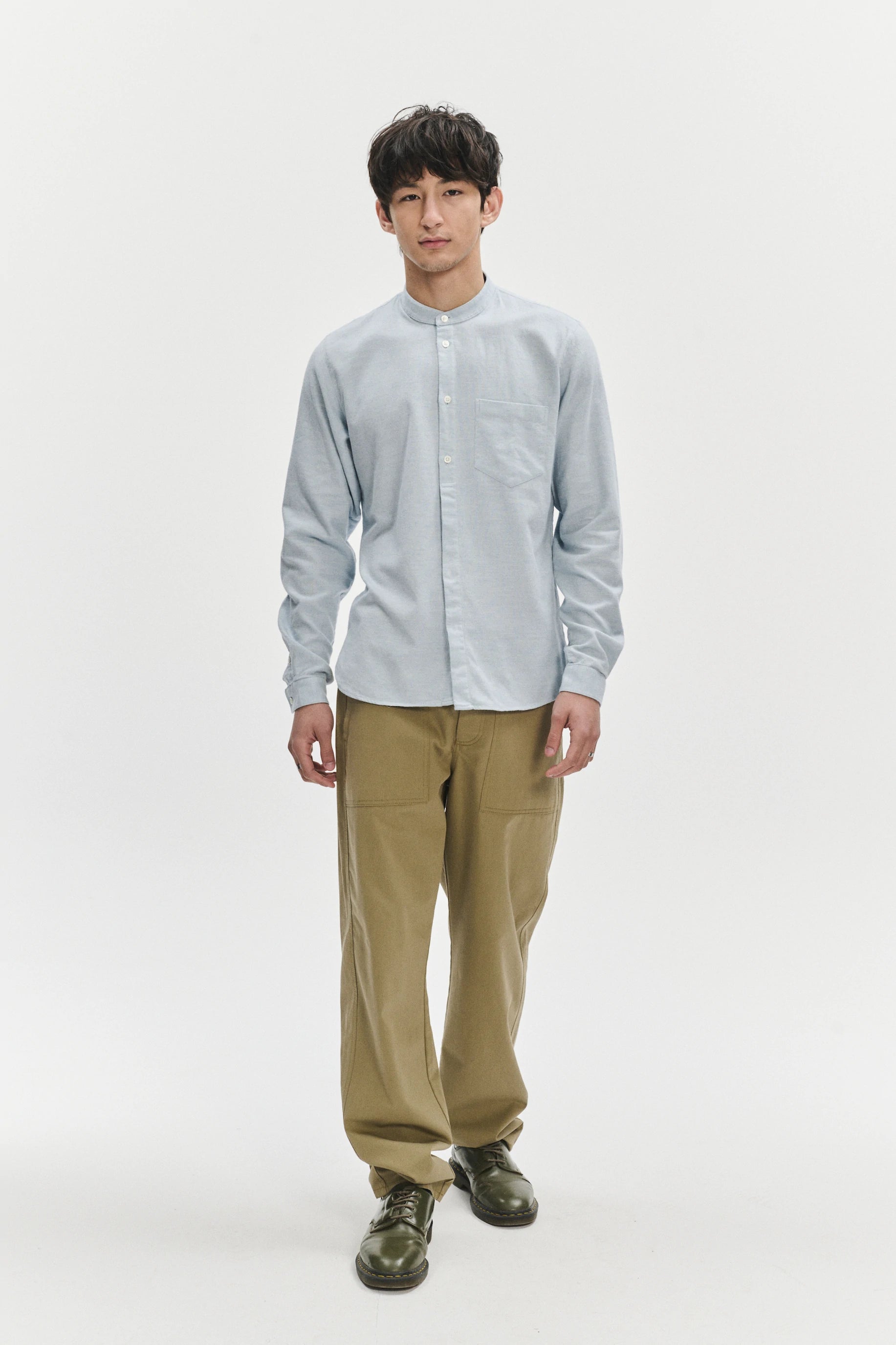 Zen Grandad Collar Shirt in a Pale Sky Blue Italian Double Brushed Italian Cotton Flannel