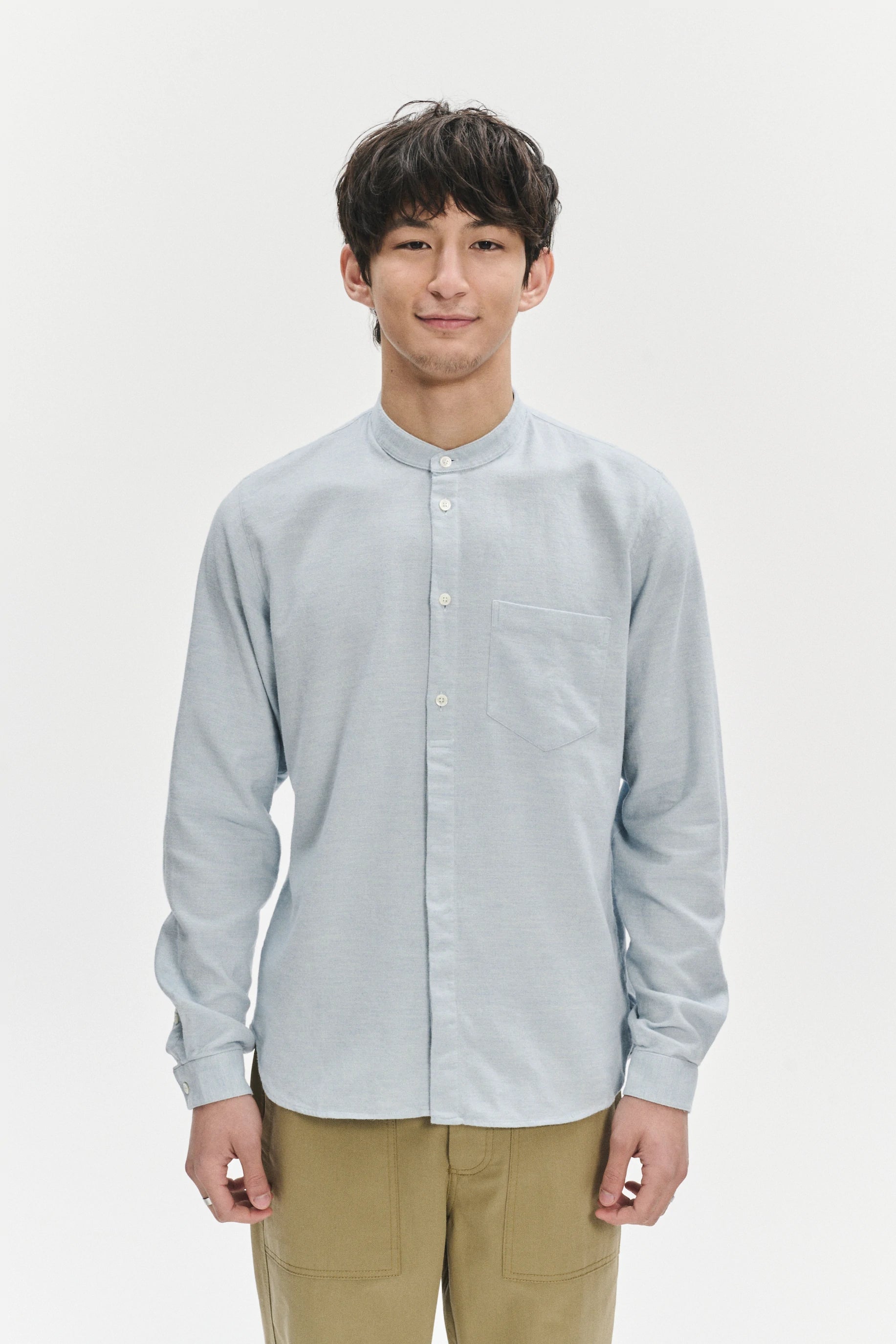 Zen Grandad Collar Shirt in a Pale Sky Blue Italian Double Brushed Italian Cotton Flannel