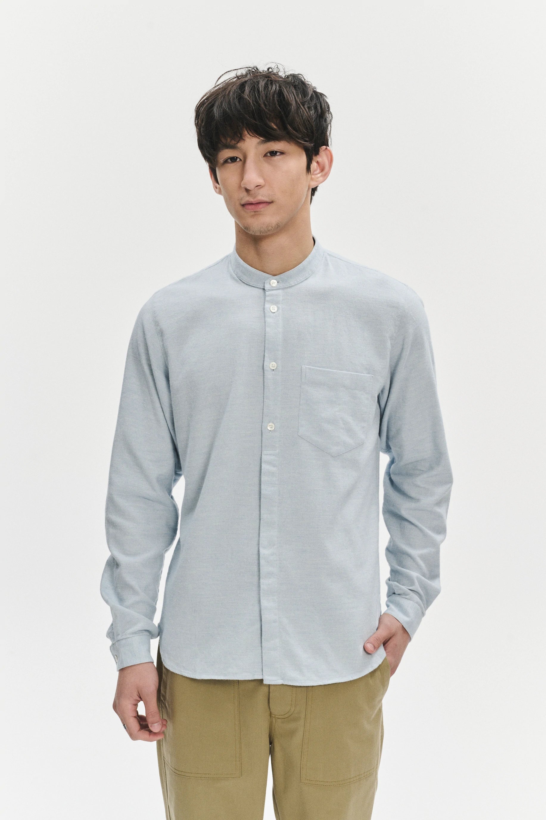 Zen Grandad Collar Shirt in a Pale Sky Blue Italian Double Brushed Italian Cotton Flannel