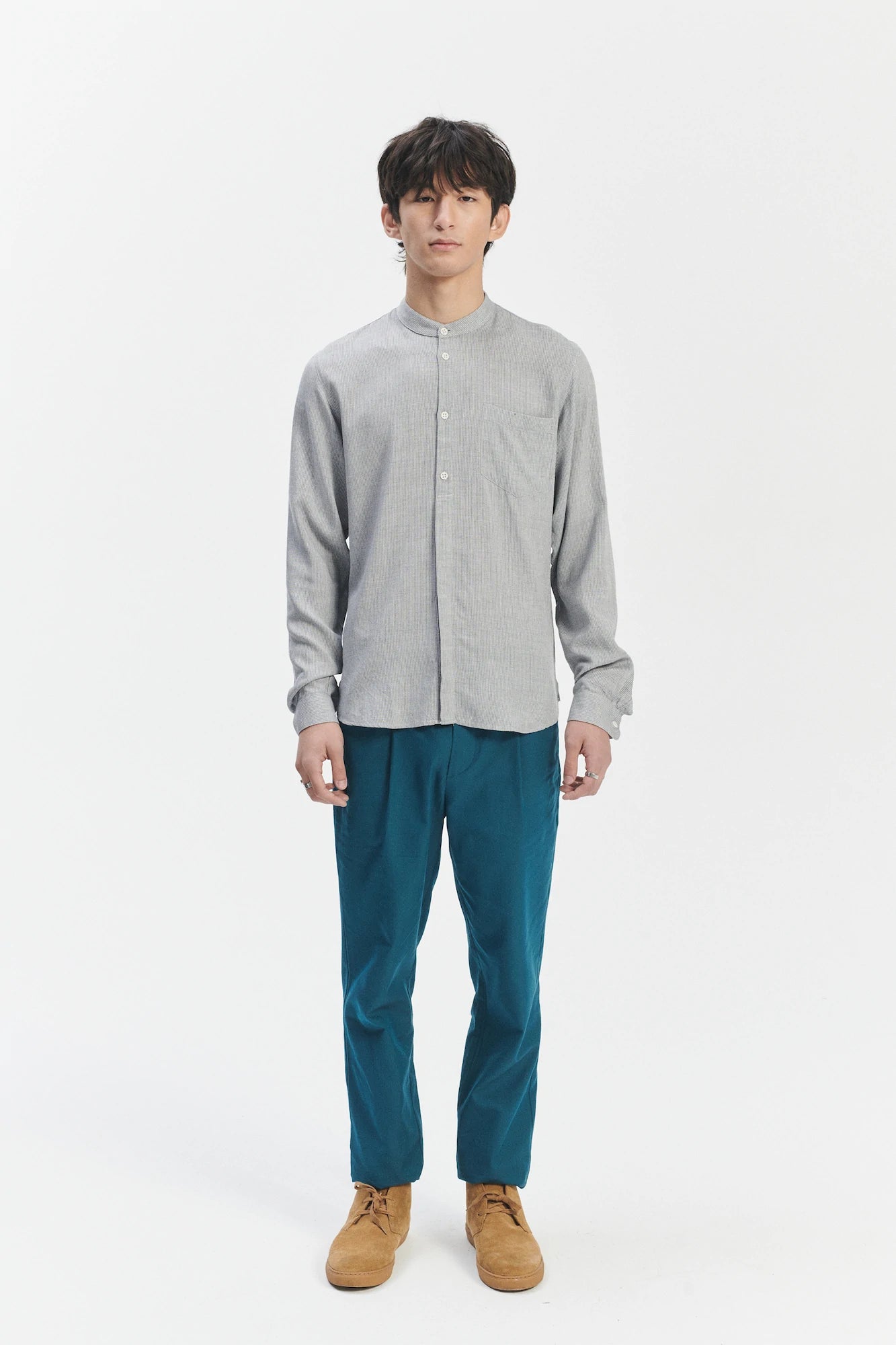 Zen Grandad Collar Shirt in a Grey Portuguese Merino Wool and Modal