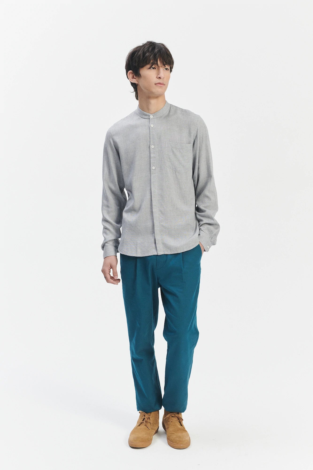 Zen Grandad Collar Shirt in a Grey Portuguese Merino Wool and Modal