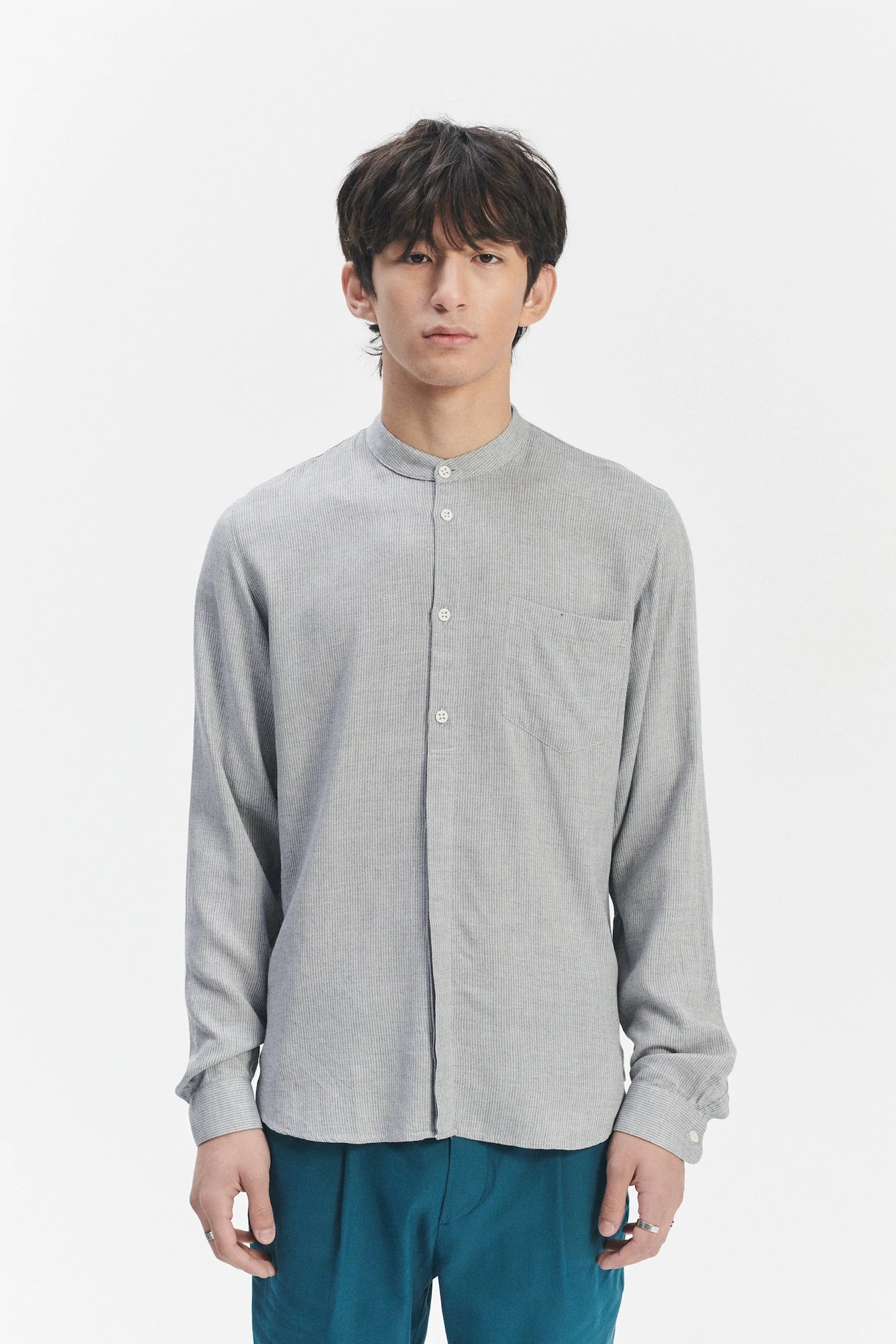Zen Grandad Collar Shirt in a Grey Portuguese Merino Wool and Modal