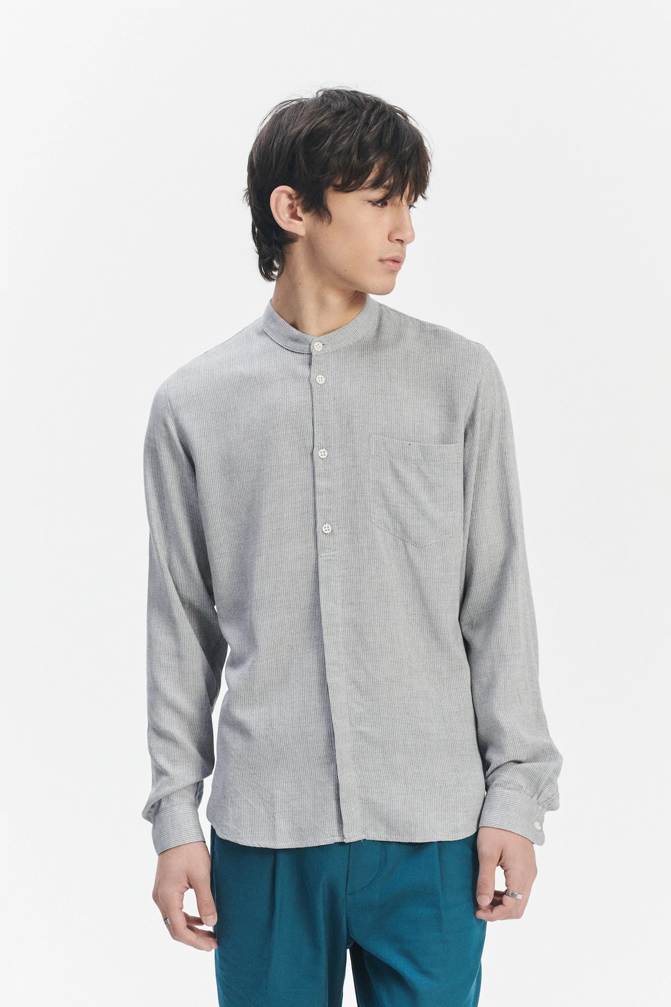 Zen Grandad Collar Shirt in a Grey Portuguese Merino Wool and Modal