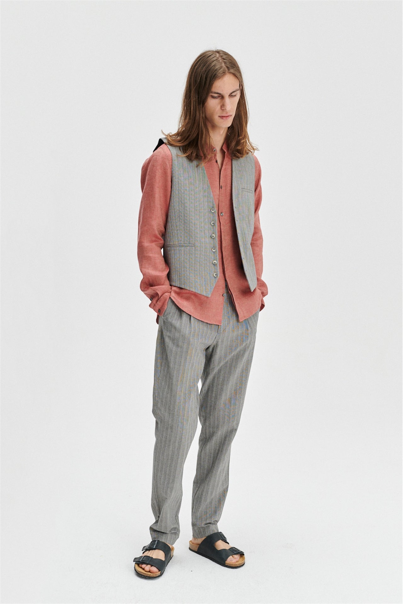Vest in a Grey Herringbone and Subtle Blue Stripe Fine Italian Cotton Crepe by Bonotto