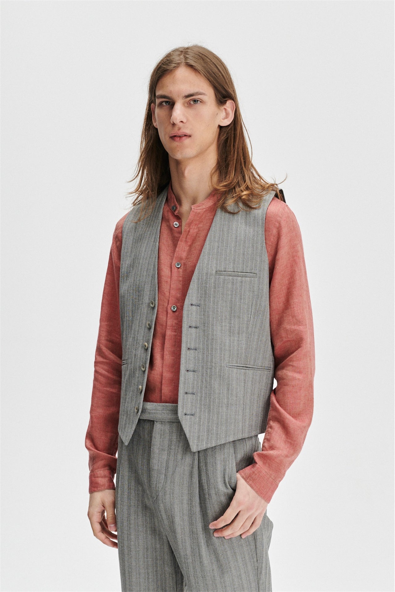 Vest in a Grey Herringbone and Subtle Blue Stripe Fine Italian Cotton Crepe by Bonotto