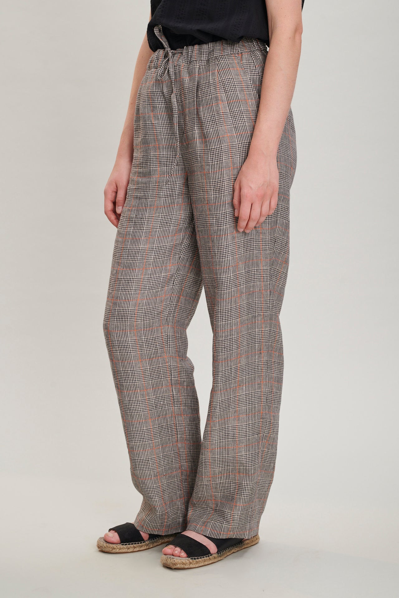 Women's Trousers in a Grey and Vibrant Orange Prince of Wales Italian Linen