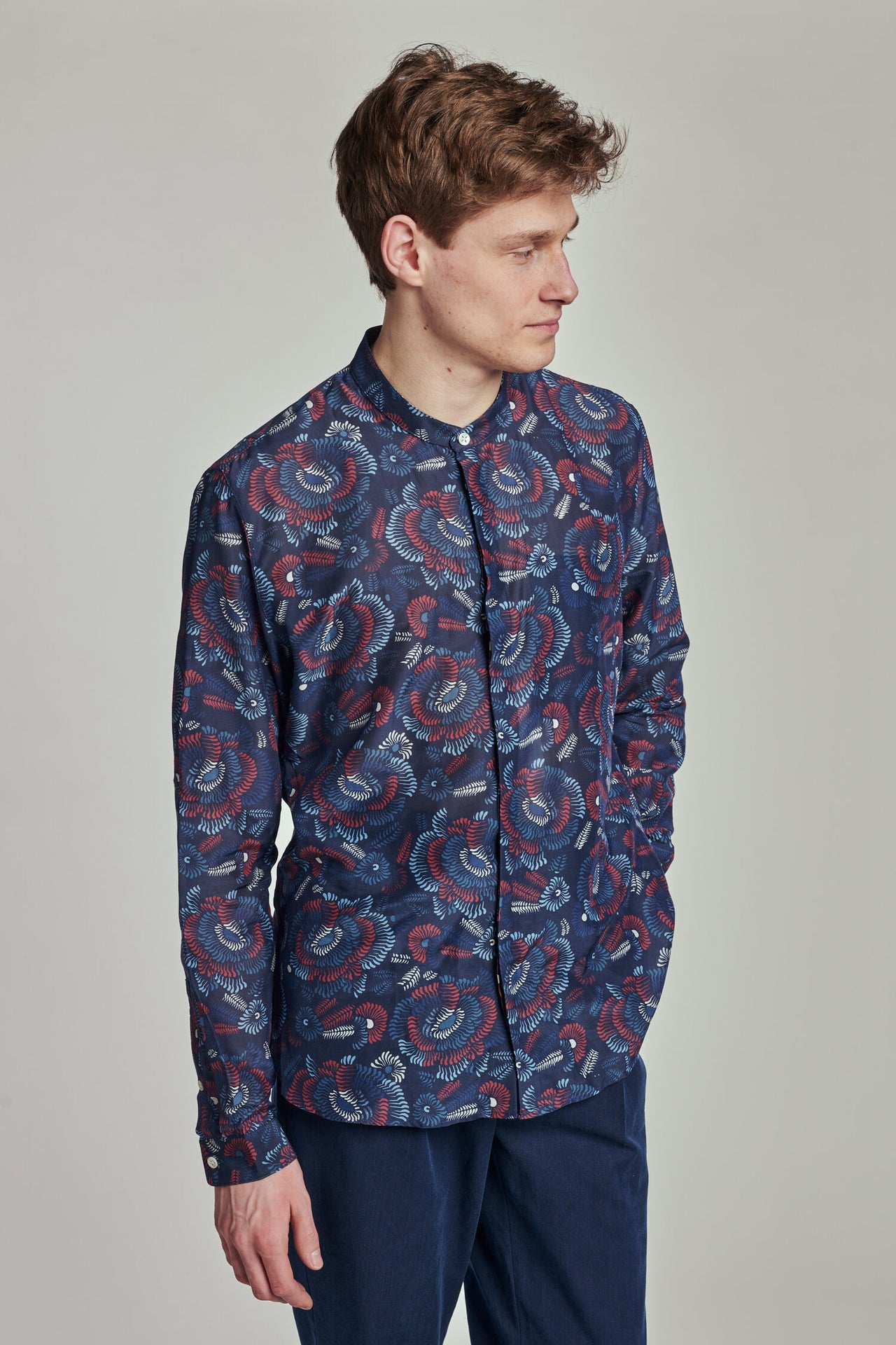 Zen Grandad Collar Shirt in an Airy Blue, Red and White Italian Cotton and Silk
