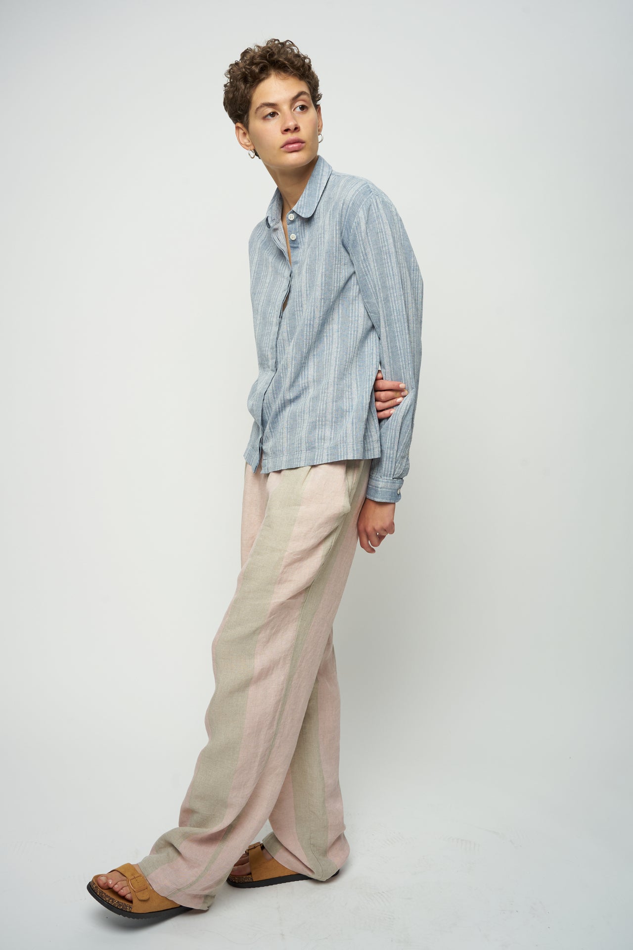 Cute Round Collar Shirt in a Blue Striped Japanese Organic Jacquard Cotton