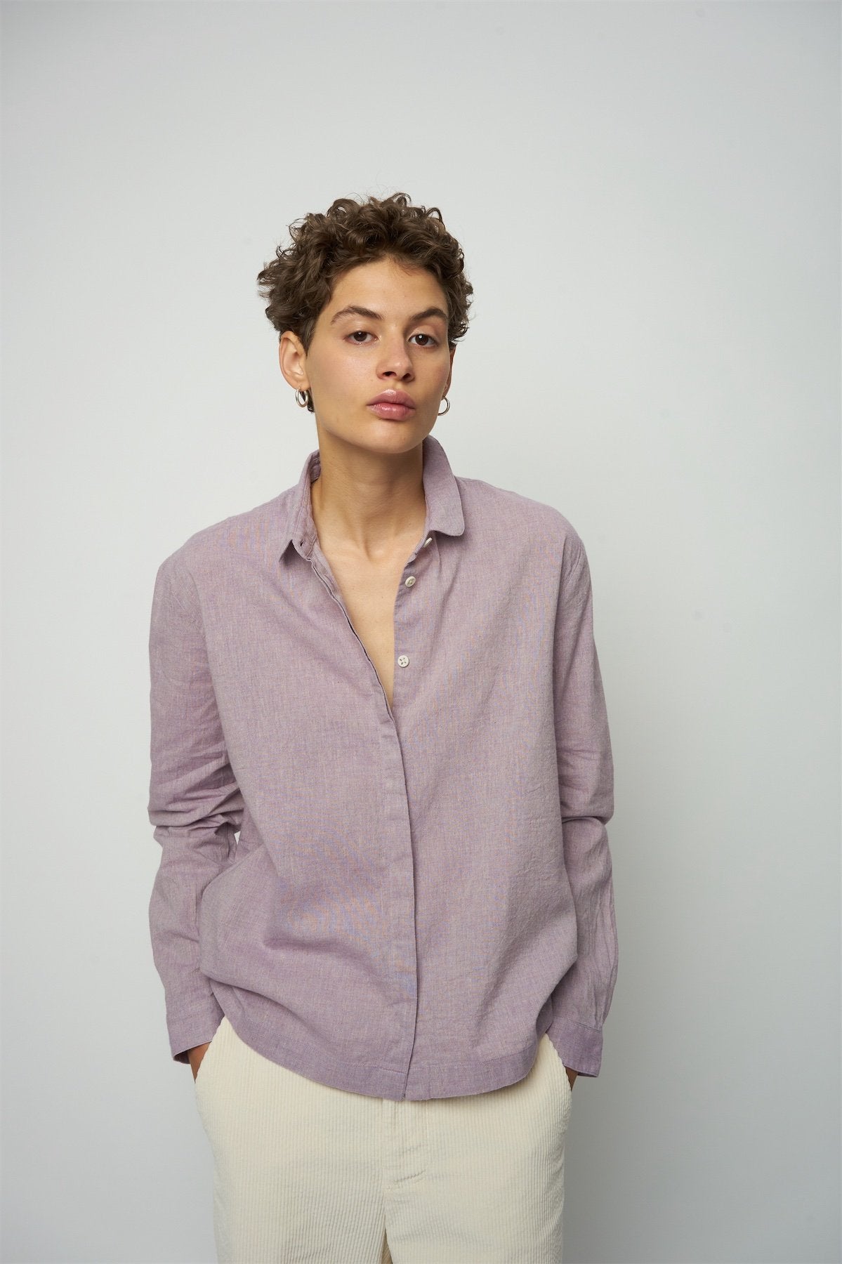 Cute Round Collar Shirt in a Purple Heather Japanese Organic Cotton and Linen
