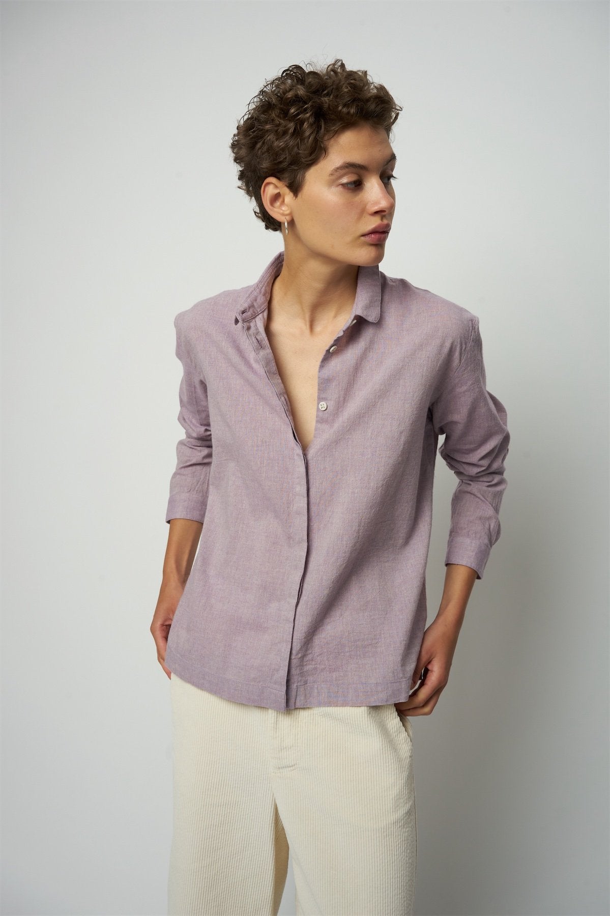 Cute Round Collar Shirt in a Purple Heather Japanese Organic Cotton and Linen