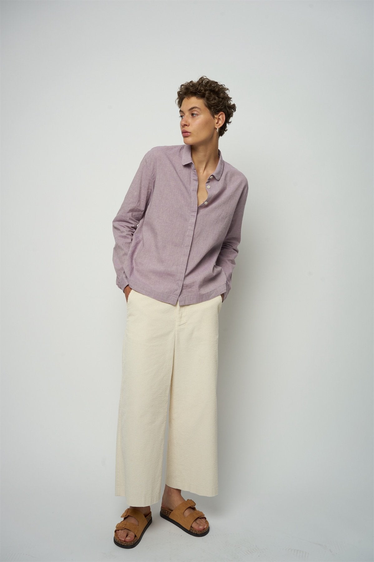 Cute Round Collar Shirt in a Purple Heather Japanese Organic Cotton and Linen